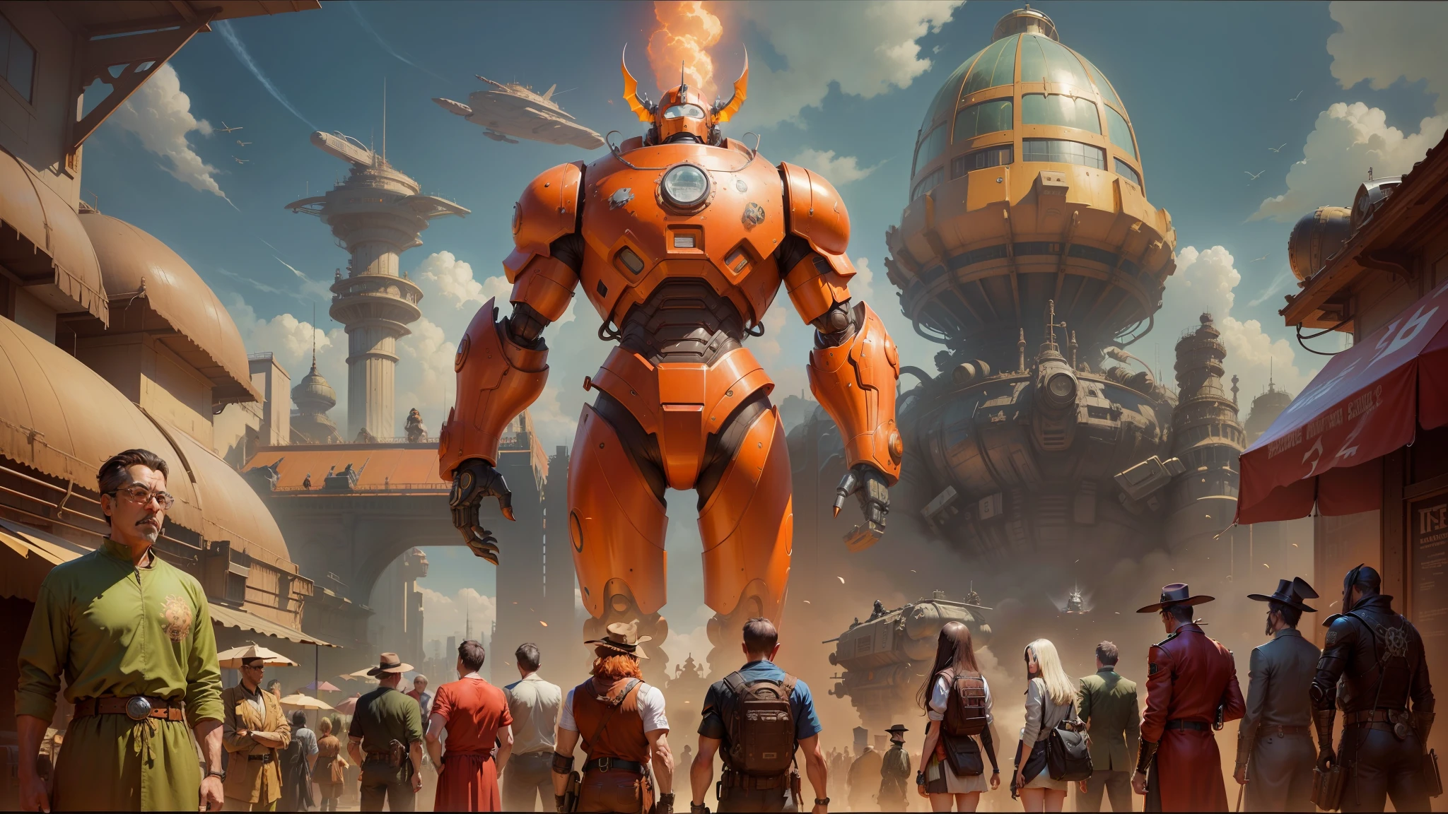 there is a painting of a robot standing in front of a group of people, inspired by Earl Norem, incredible miyazaki, giant golden nuclear hornet, inspired by Joe Jusko, realistic anime style at pixiv, sci - fi : :, big video statues, shotaro ishinomori, donoto giancola, marc simonetti and sakimicha --auto --s2