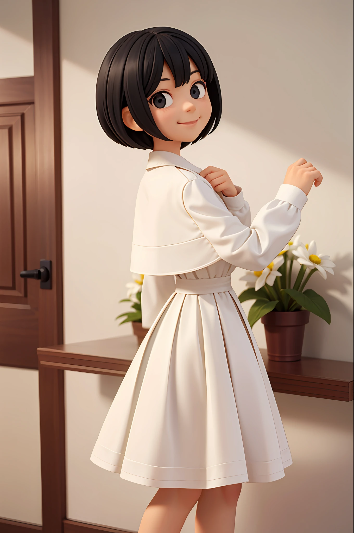 black-haired, short-haired, smiling, white dress, masterpiece, top quality, 1 woman, morning, cowboy shot,