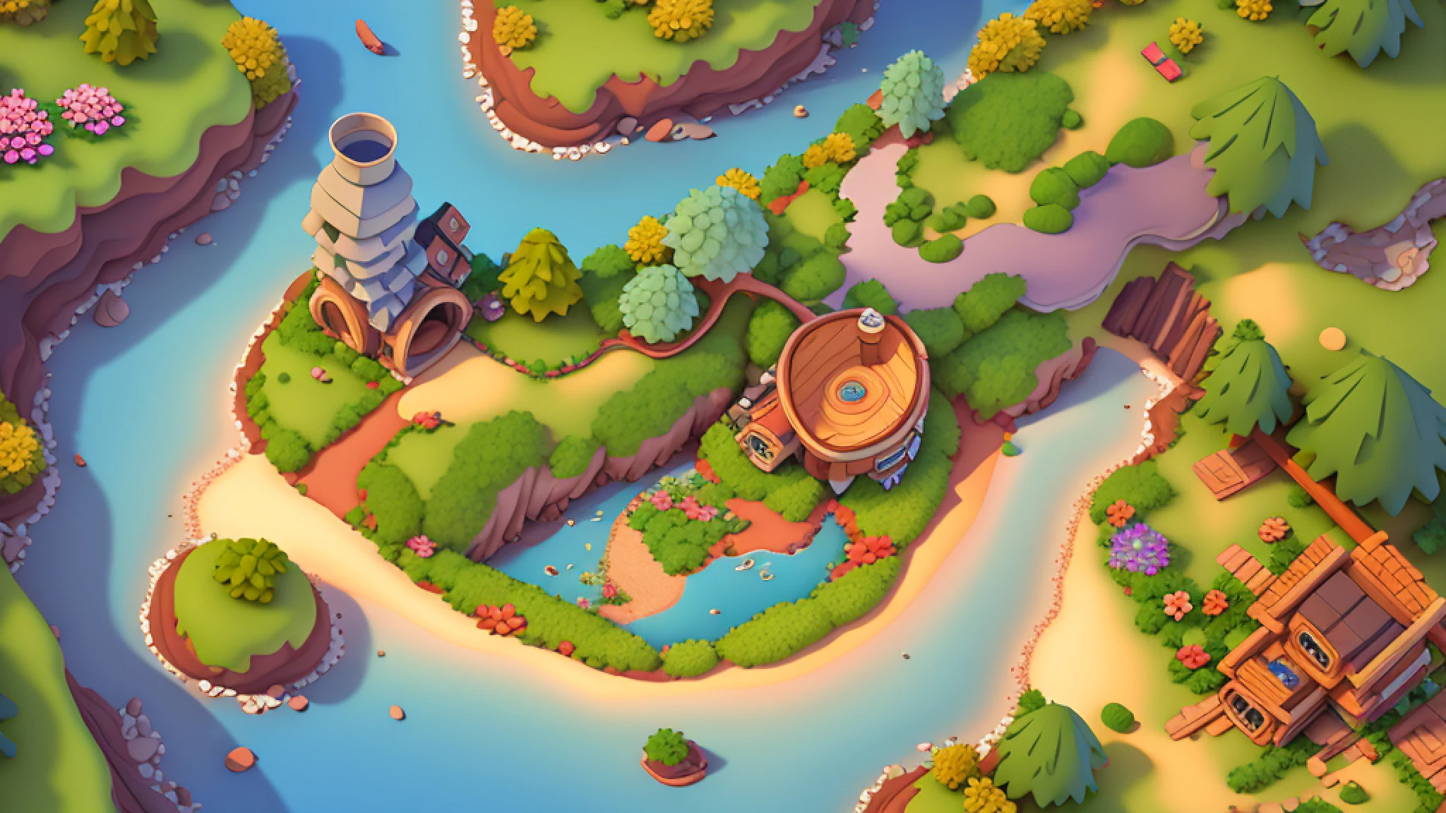 treasure map, forest, ocean, island, river, game architectural design, cartoon, town, stone, brick, meadow, river, flowers, casual game style, 3d, blender, masterpiece, super detail, best quality