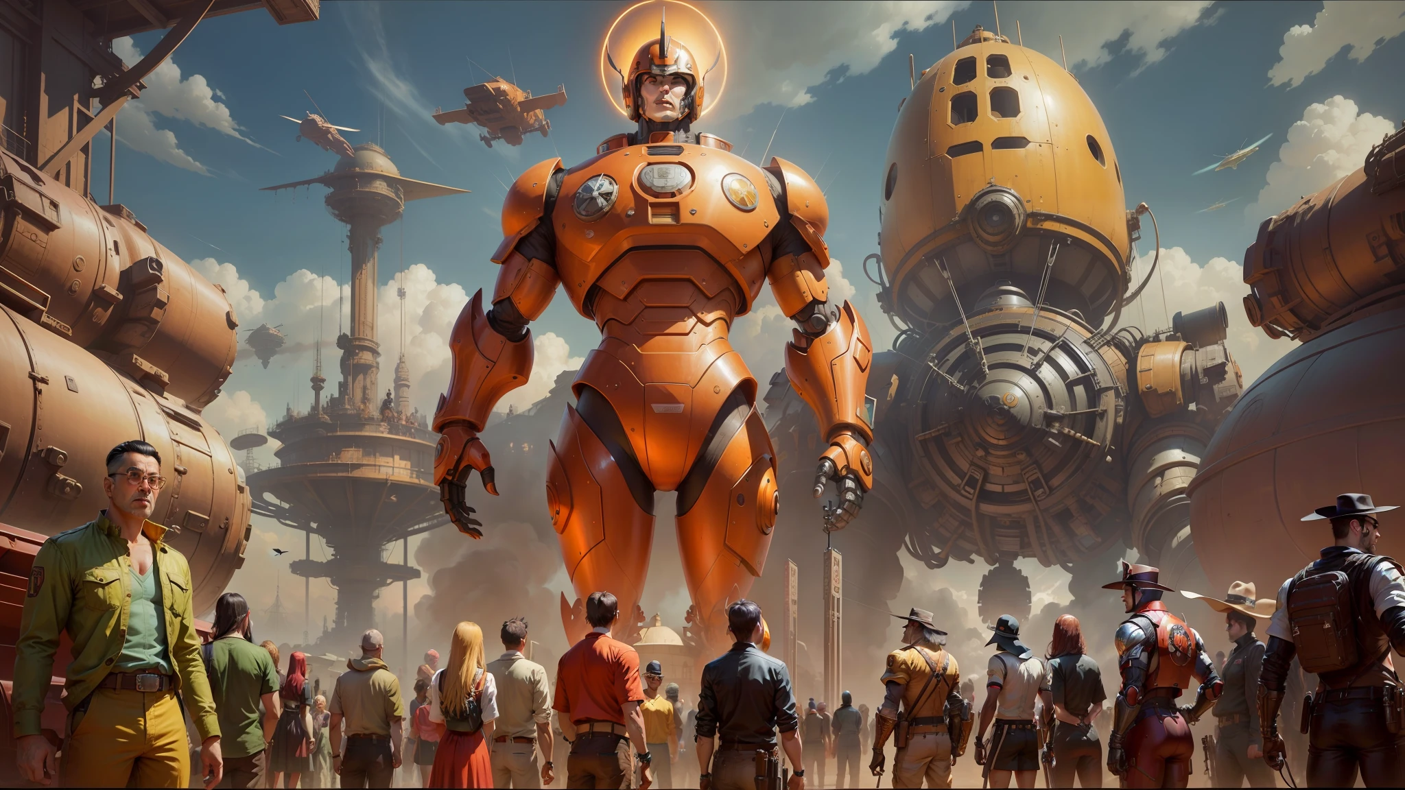 there is a painting of a robot standing in front of a group of people, inspired by Earl Norem, incredible miyazaki, giant golden nuclear hornet, inspired by Joe Jusko, realistic anime style at pixiv, sci - fi : :, big video statues, shotaro ishinomori, donoto giancola, marc simonetti and sakimicha --auto --s2