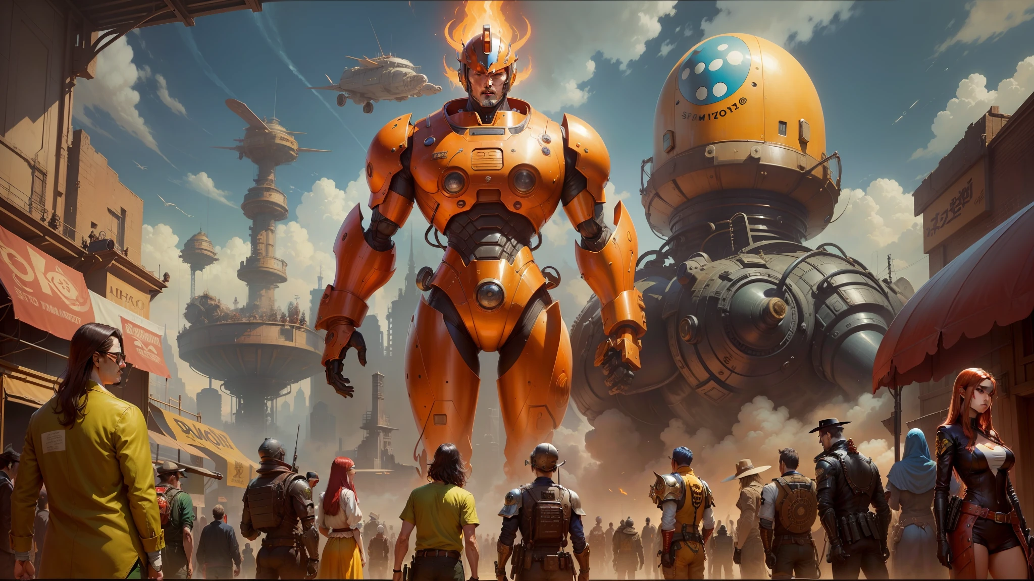 there is a painting of a robot standing in front of a group of people, inspired by Earl Norem, incredible miyazaki, giant golden nuclear hornet, inspired by Joe Jusko, realistic anime style at pixiv, sci - fi : :, big video statues, shotaro ishinomori, donoto giancola, marc simonetti and sakimicha --auto --s2