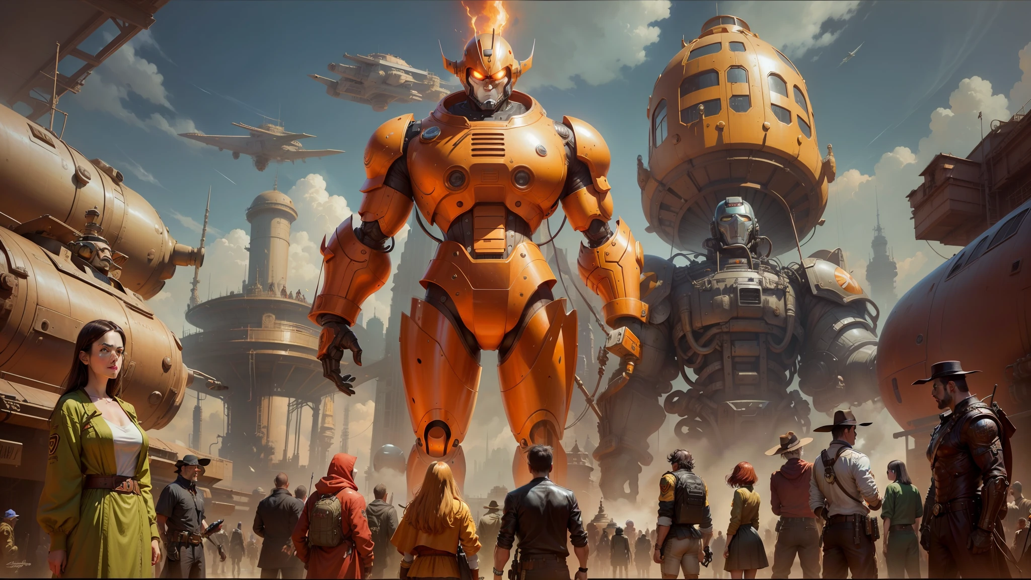 there is a painting of a robot standing in front of a group of people, inspired by Earl Norem, incredible miyazaki, giant golden nuclear hornet, inspired by Joe Jusko, realistic anime style at pixiv, sci - fi : :, big video statues, shotaro ishinomori, donoto giancola, marc simonetti and sakimicha --auto --s2