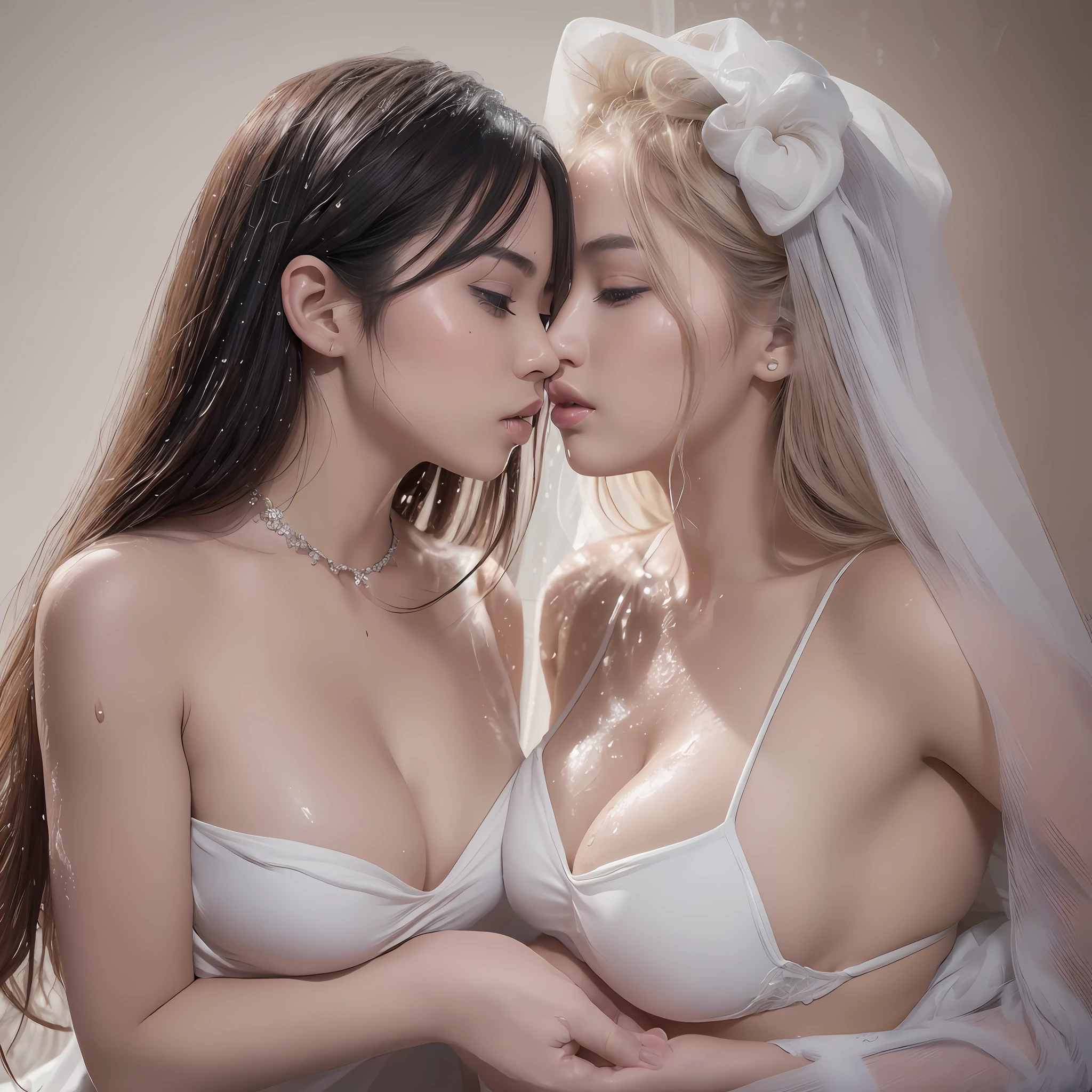 (Best Quality, 8k, 32k, Masterpiece, UHD: 1.3), (Photo of a woman with an attractive Japan), (Two girls kissing), Huge, [:( Cleavage:1.0):1.6], (Long Wavy Hair), Abs, Perfect Body, Ultra Detailed Face, Detailed Lips, Fine Eyes, Double Eyelids, (Seductive), (((Stimulated: 1.5)), White wedding dress with draping, (Wet body, wet clothes : 1.4), (excitement: 1.5), slender waist, kiss, sea