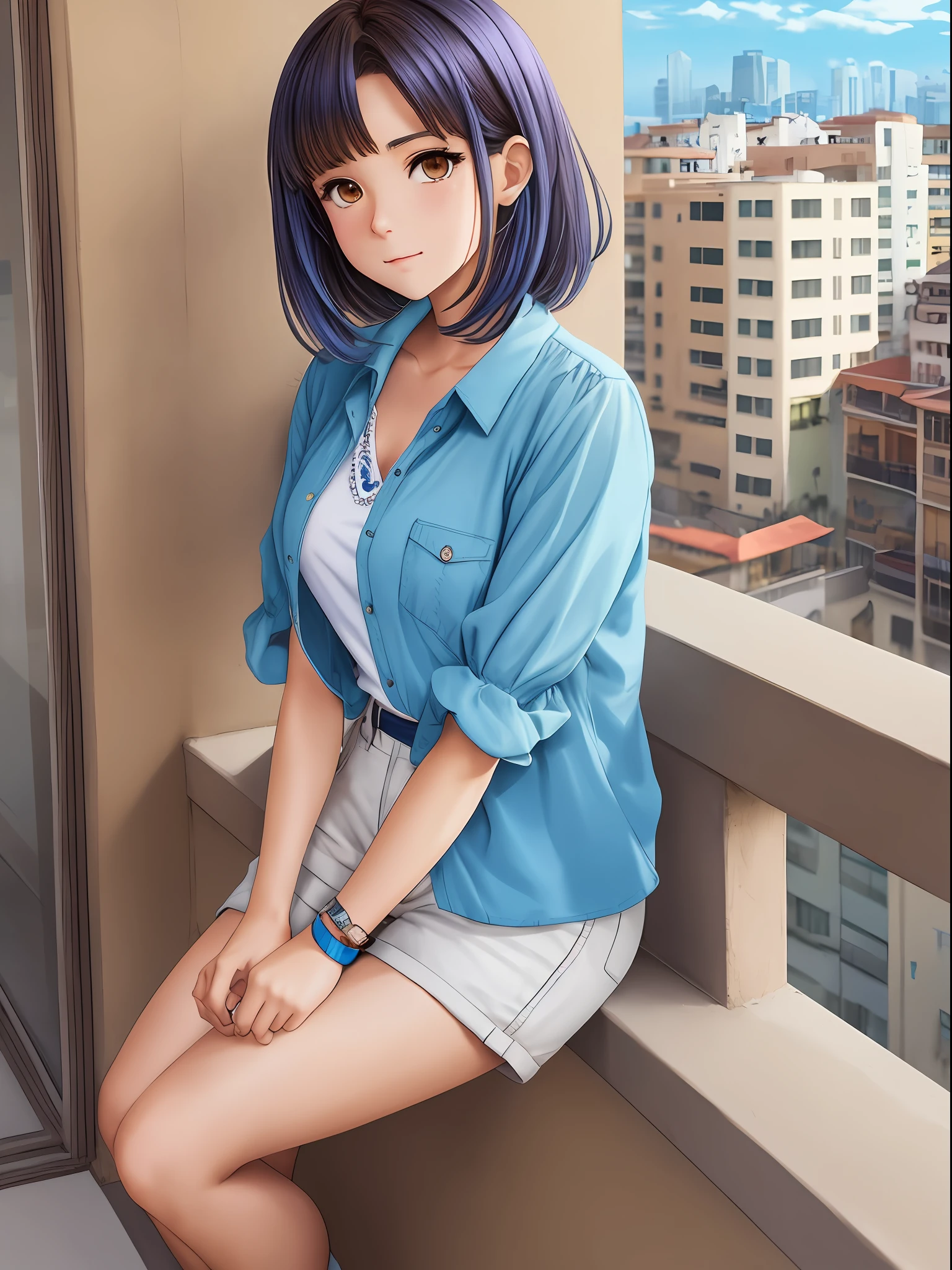1 anime style girl, brown eyes, short brown hair with blue locks, wears a light blue blouse and shorts, sitting on a balcony, super detailed