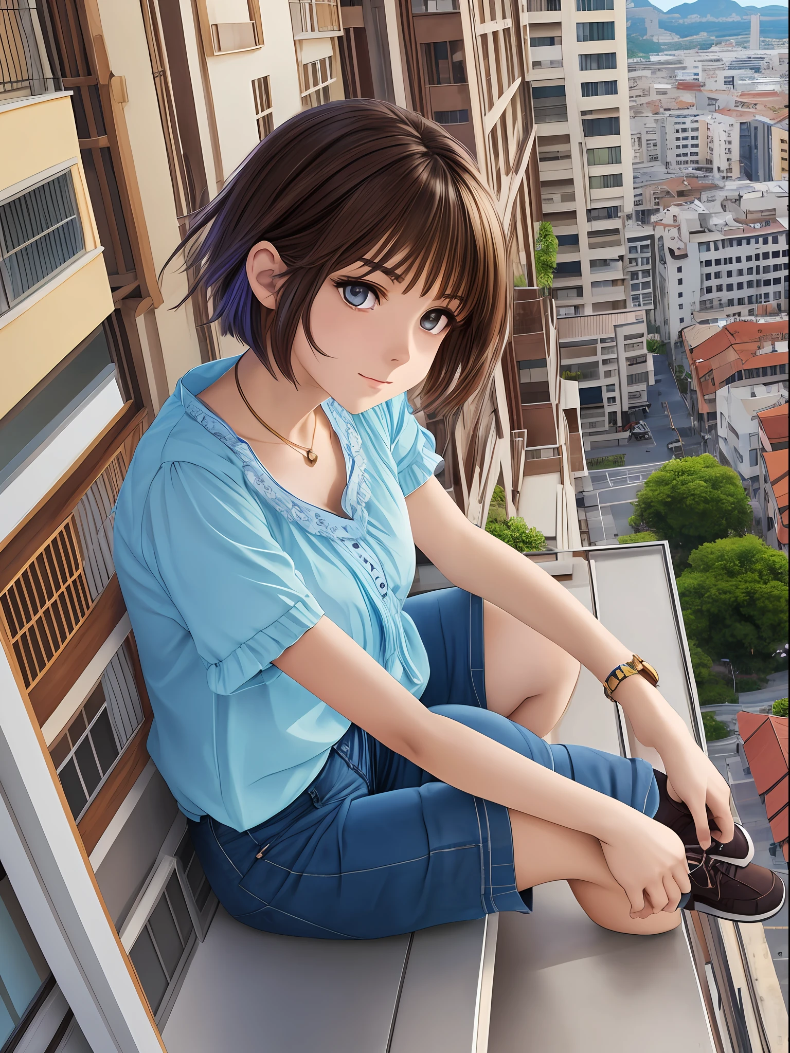 1 anime style girl, brown eyes, short brown hair with blue locks, wears a light blue blouse and shorts, sitting on a balcony, super detailed