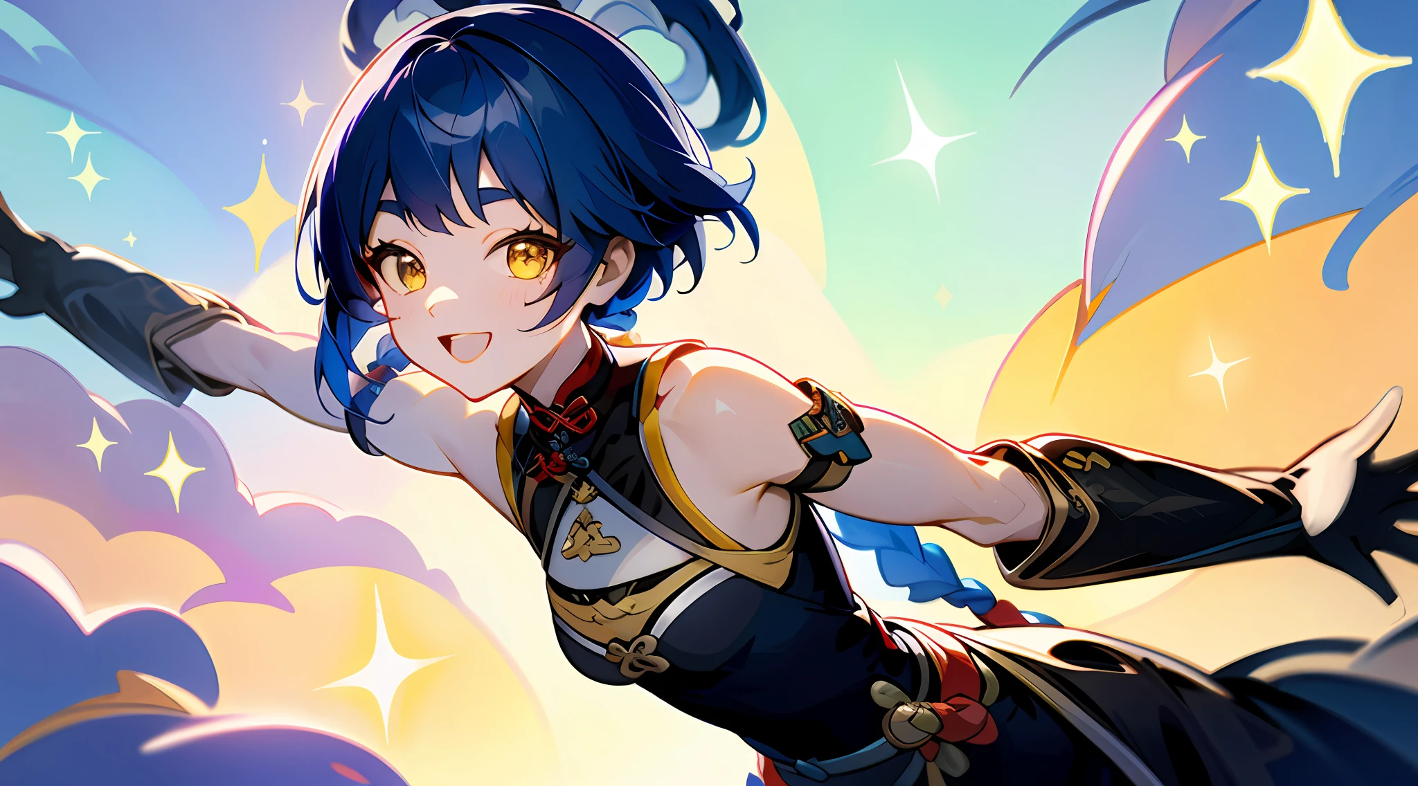 (masterpiece), (best quality), (ultra detailed), xiangling, front looking, looking at viewer, happy, excited,  jumping, flowing colors, cloudy sky, blue hair with 2 braids, yellow eyes, big smile, sparkles of joy