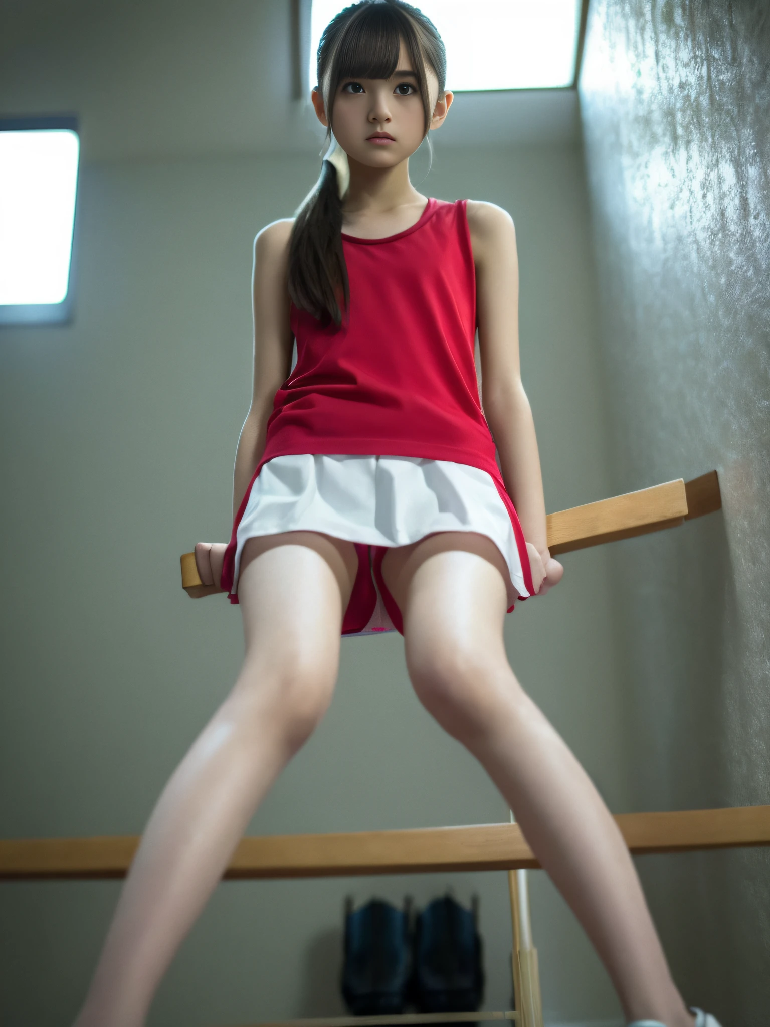 4K, Hi-Res, Masterpiece, Top Quality, Head: 1.3, (Petite girl with legs spread), Fine skin, Sharp focus, (cinematic lighting), Thigh Gap, Tank Top, Slender, 14yo,Tol body