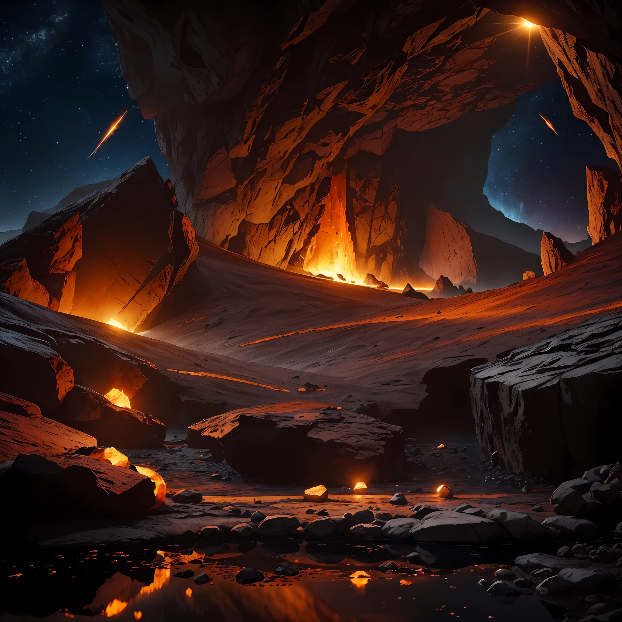 Extensive landscape ultrasound photography (general view, which shows the stone vault of the cave), (detailed description of the cave), solidified lava (in detail), stalactites (in detail), stalagmites (in detail), as well as helicates (in detail), lake (in detail), mercury on the surface of the lake, reflection of the full moon of shooting stars on the surface of the lake, the burning surface of the lake, elves (1: 3), moths (1: 3), fireflies (1: 3), (ultra-detailed description of appearance), burning crystals (crystals: 1,2), reflection on the surface of mercury, burning stones, (falling stones: 0.9), (fire: 1.3), crystals, fire stones, lava, mercury, cave BREAK production art, (cold light source:1.2), (Firefly:1.2), fire particles, dark, red, yellow and orange, complex details, volumetric lighting, realistic fantasy BREAK (masterpiece:1.2), (best quality), 4k, ultra-detailed, (dynamic composition: 1.4), highly detailed, colorful details, (gloomy colors: 1.2), (luminous lighting, atmospheric lighting), gloomy, dark, magical, (solo: 1.2) --auto --s2