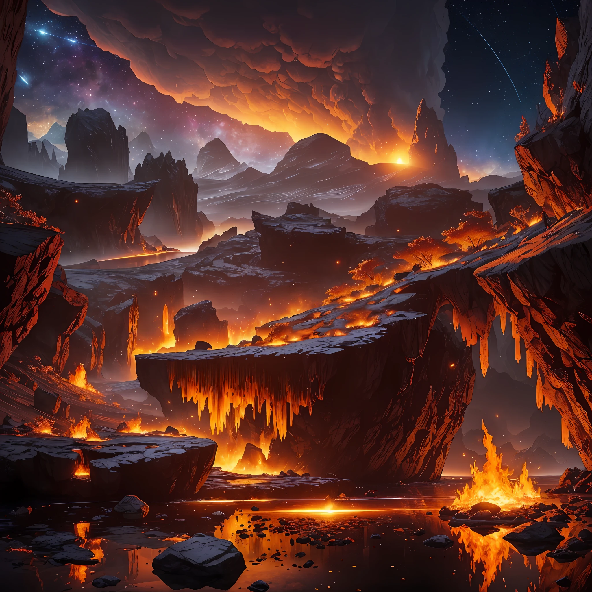 Extensive landscape ultrasound photography (general view, which shows the stone vault of the cave), (detailed description of the cave), solidified lava (in detail), stalactites (in detail), stalagmites (in detail), as well as helicates (in detail), lake (in detail), mercury on the surface of the lake, reflection of the full moon of shooting stars on the surface of the lake, the burning surface of the lake, elves (1: 3), moths (1: 3), fireflies (1: 3), (ultra-detailed description of appearance), burning crystals (crystals: 1,2), reflection on the surface of mercury, burning stones, (falling stones: 0.9), (fire: 1.3), crystals, fire stones, lava, mercury, cave BREAK production art, (cold light source:1.2), (Firefly:1.2), fire particles, dark, red, yellow and orange, complex details, volumetric lighting, realistic fantasy BREAK (masterpiece:1.2), (best quality), 4k, ultra-detailed, (dynamic composition: 1.4), highly detailed, colorful details, (gloomy colors: 1.2), (luminous lighting, atmospheric lighting), gloomy, dark, magical, (solo: 1.2) --auto --s2
