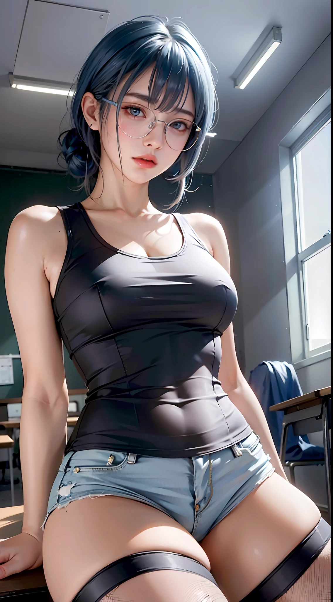 (1 girl), perfect female body, beautiful eyes, (delicate face), short black hair, hair tied up, light blue hairpin, black silk rimmed glasses, tight white T-shirt, in the classroom, (fair skin), (best lighting), (super complex details), 4K unity, (super detailed CG), exposed fair legs, stockings, hot pants, shorts,