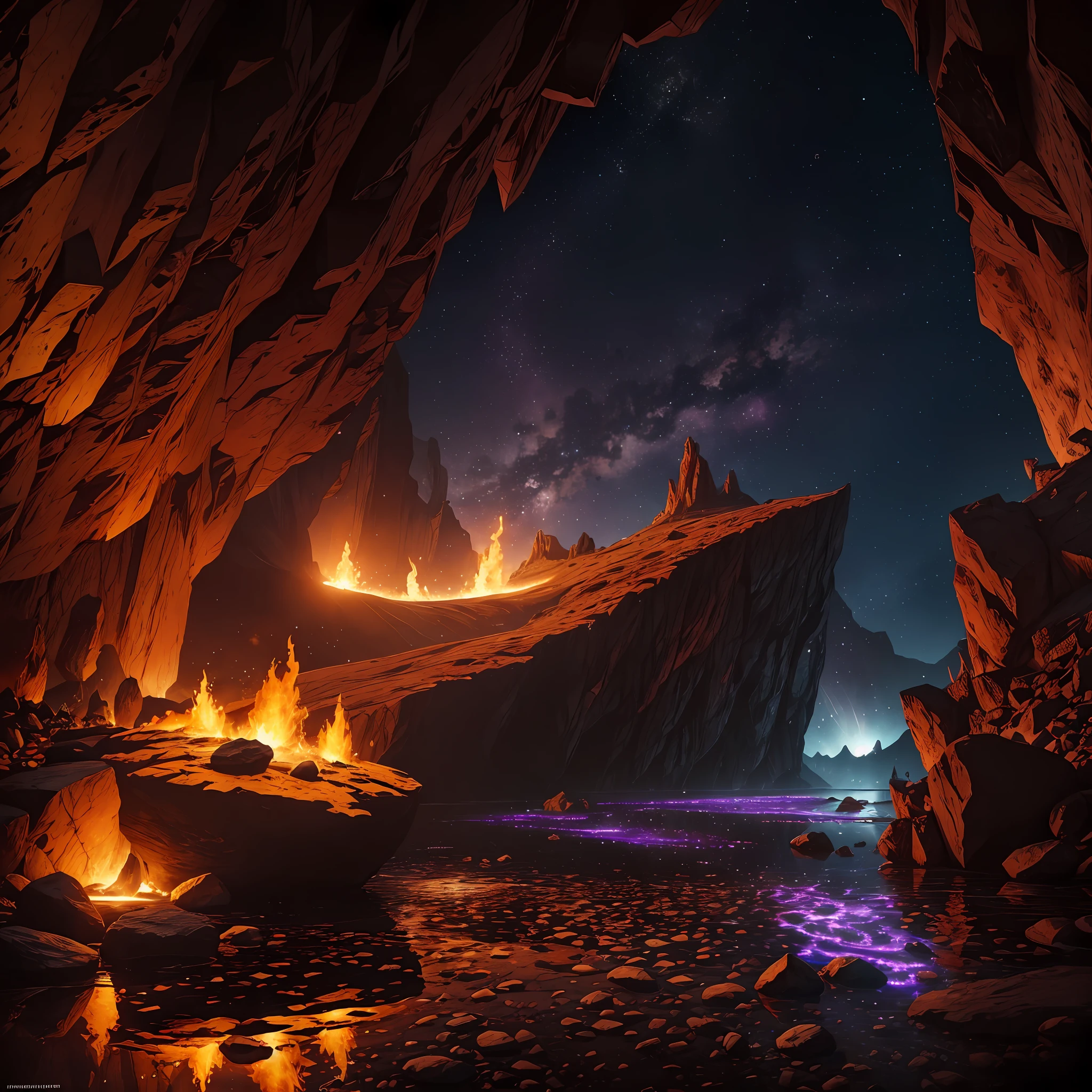 Extensive landscape ultrasound photography (general view, which shows the stone vault of the cave), (detailed description of the cave), solidified lava (in detail), stalactites (in detail), stalagmites (in detail), as well as helicates (in detail), lake (in detail), mercury on the surface of the lake, reflection of the full moon of shooting stars on the surface of the lake, the burning surface of the lake, elves (1: 3), moths (1: 3), fireflies (1: 3), (ultra-detailed description of appearance), burning crystals (crystals: 1,2), reflection on the surface of mercury, burning stones, (falling stones: 0.9), (fire: 1.3), crystals, fire stones, lava, mercury, cave BREAK production art, (cold light source:1.2), (Firefly:1.2), fire particles, dark, red, yellow and orange, complex details, volumetric lighting, realistic fantasy BREAK (masterpiece:1.2), (best quality), 4k, ultra-detailed, (dynamic composition: 1.4), highly detailed, colorful details, (gloomy colors: 1.2), (luminous lighting, atmospheric lighting), gloomy, dark, magical, (solo: 1.2) --auto --s2