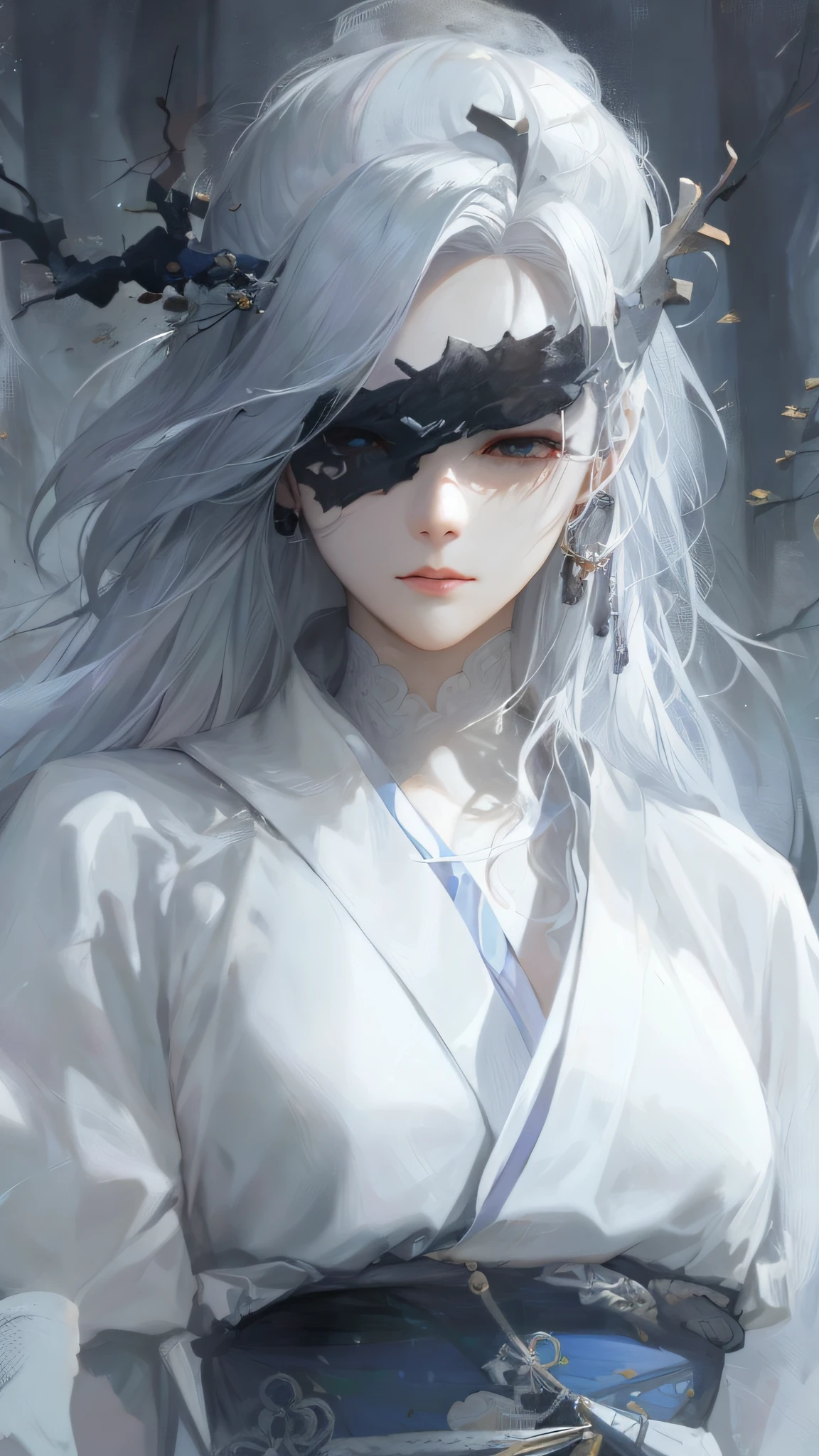 a close up of a woman with white hair and a white mask, beautiful character painting, guweiz, artwork in the style of guweiz, white haired deity, by Yang J, epic exquisite character art, stunning character art, by Fan Qi, by Wuzhun Shifan, guweiz on pixiv artstation