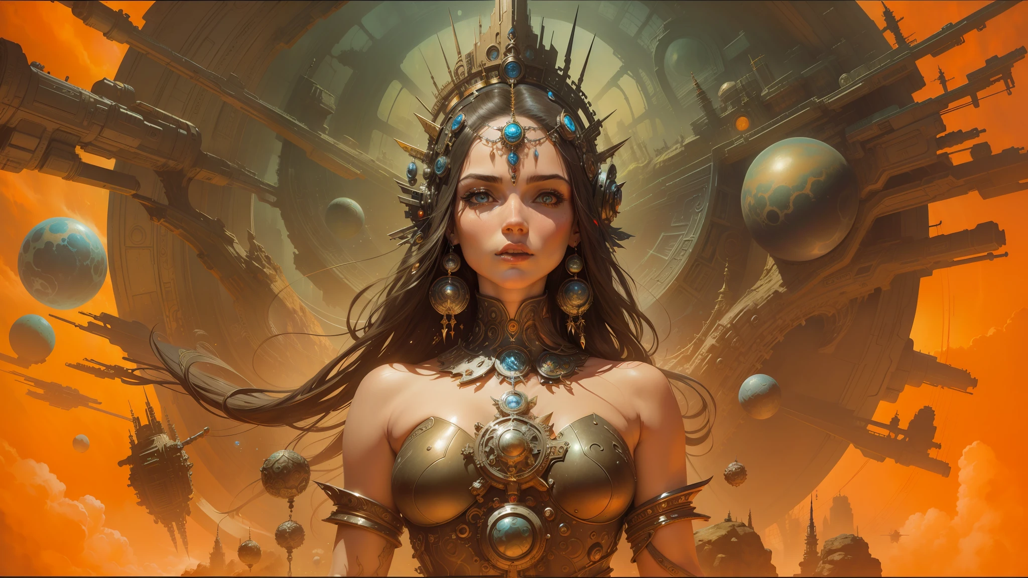 arafed woman in a futuristic dress with a large headpiece, inspired by Greg Staples, divine cosmic female power, highly intricate in technicolor, progressive rock album cover, diesel punk female, by Stanisław Witkiewicz, stoner rock, john stephens, john carter of mars, stephen hickman --auto --s2
