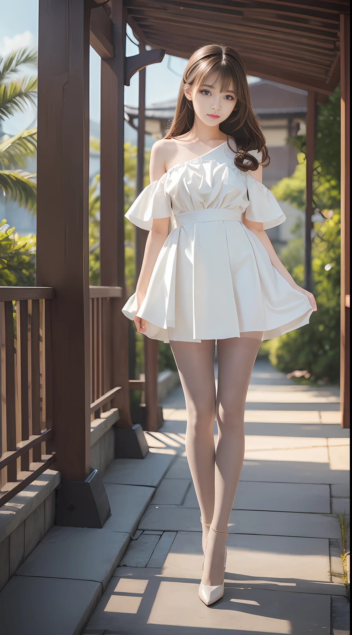 Top quality, masterpiece, standing with legs aligned, beautiful legs pantyhose legs, legs wearing thin pantyhose, light gray pantyhose, one girl, drawing the whole body in the frame, cute Japan woman, beautiful face, height 165cm, bangs, brown hair, white knee length dress, white high heels, tropical seaside background, beautiful woman, beautiful eyes, very cute, princess eyes, black eyes, center image, octoed body, 8k resolution Human hand, elegant, smooth, she is facing the viewer, shot in natural light, beautiful hairstyle, beautiful teen face, anatomically correct drawing, volumetric lighting, tyndall effect, photorealistic, soft lighting