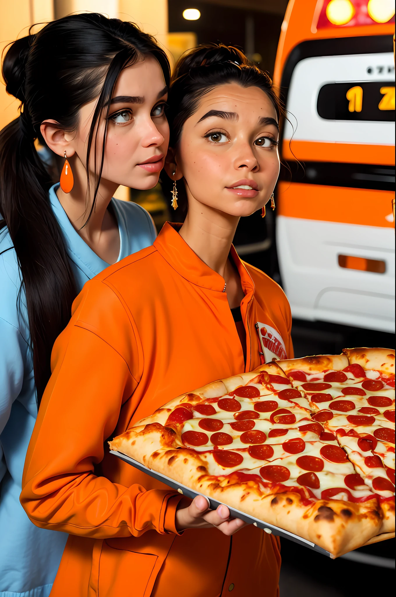 (masterpiece), (best quality), HDR, intricate detail, 1girl, individual focus, woman, light brunette white skin, skindentation, perfect face, gorgeous face, big eyes, orange eyes, perfect eyes, eyelashes, black hair absurdly long high ponytail, (((pizza delivery))), pizza box, employee badge, orange shirt with light blue, (((pizza delivery outfit)), hair ornament, Earrings