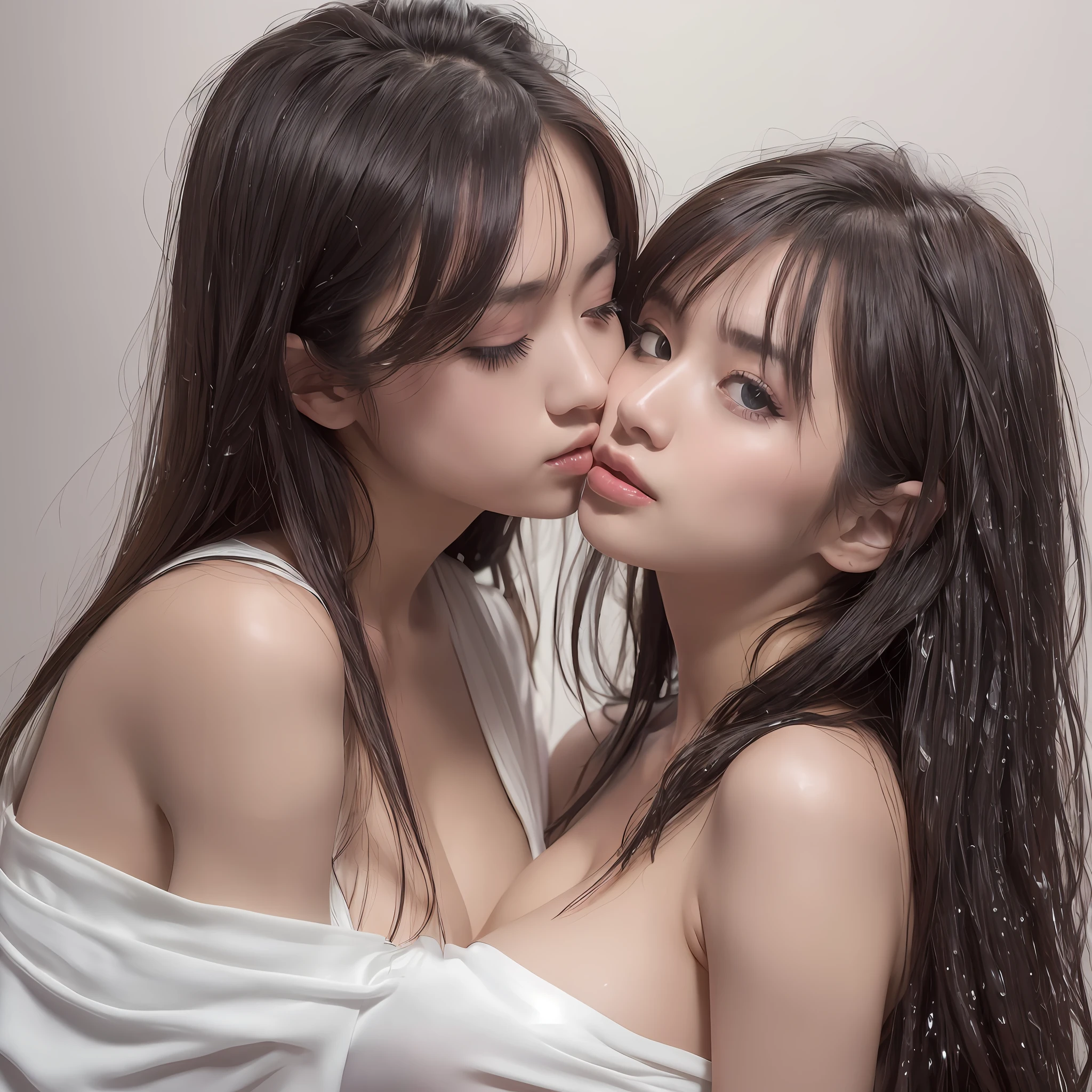 (Best Quality, 8k, 32k, Masterpiece, UHD: 1.3), (Photo of a woman with an attractive Japan), (Two girls kissing hig), Huge, [:( Cleavage:1.0):1.6], (Long Wavy Hair), Abs, Perfect Body, Ultra Detailed Face, Detailed Lips, Fine Eyes, Double Eyelids, (Seductive), (((Stimulated: 1.5)), White dress with draping, (Wet body, wet clothes : 1.4), (excitement: 1.5), slender waist, hug kiss, gigantic breasts, cleavage, sleeveless dress,wide shot, saliva