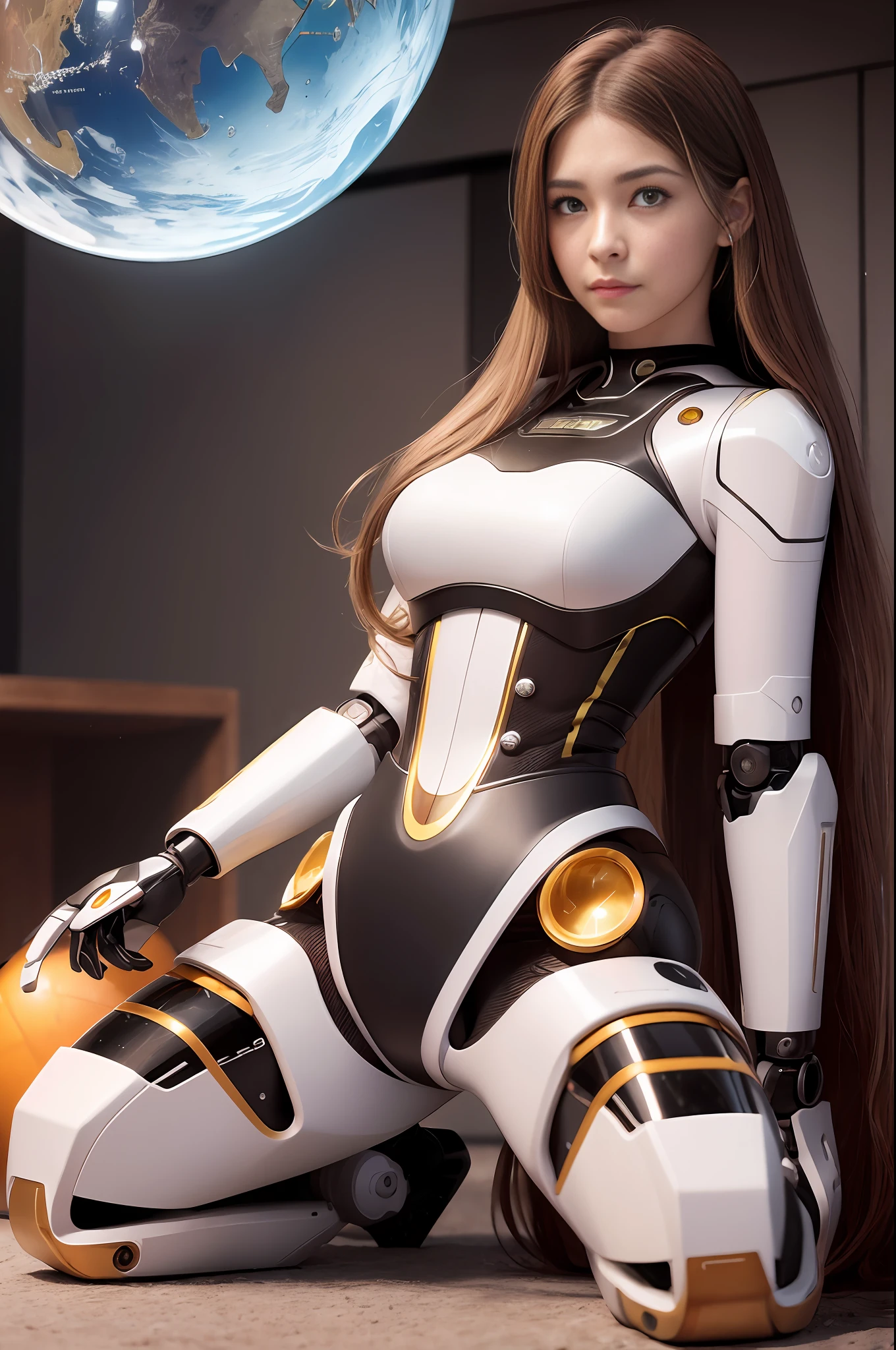 (8K, Best Quality, Masterpiece: 1.2), (Realistic, Photorealistic: 1.37), Super Detail, Super Realism, (One Robot Girl), Anatomically Correct, Camera Gaze, All Mecha from the Neck Up, Android, Cute, Solo, (Redness of the Nose), (Smile: 1.15), Beautiful Eyes, Big Eyes, (Long Hair: 1.2), Floating Hair Novafrog style, brown hair, mechanical body, cable, gear, mirror sphere, cyberpunk, kneeling, countless soap bubbles, desert, evening, mirror, santa claus