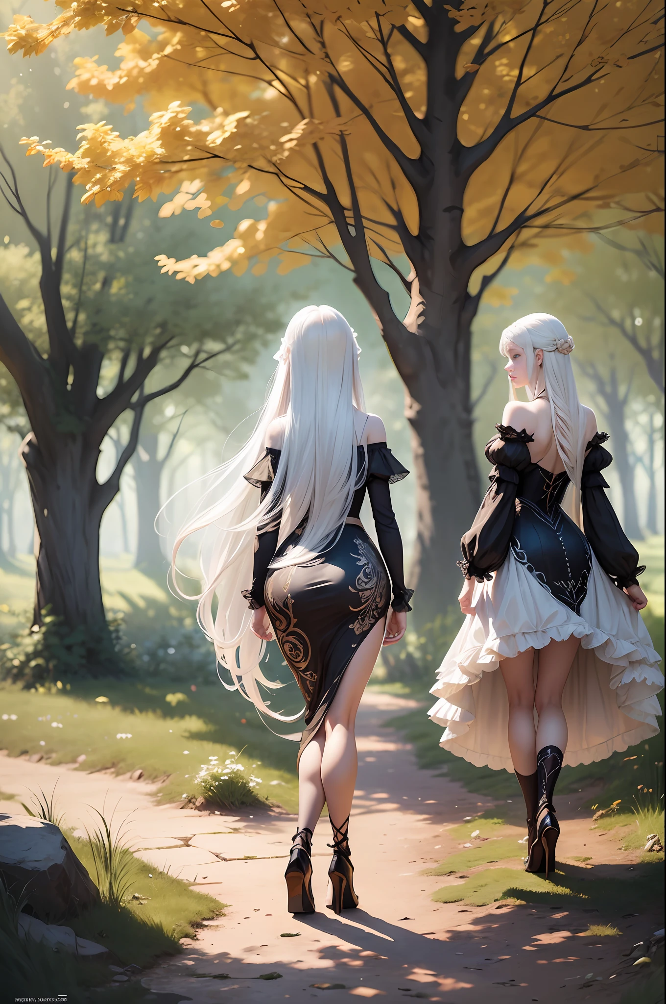 FS, an albino girl with perfect 10 features and long black Rapunzel-like hair, stands in a picturesque Avatar-like scene. Her body is graceful with a petite bust and slender legs. The girl looks stunning in a sheer organza dress with intricate designs. Her high-heeled shoes are elegant with golden patterns. The sunlight creates a subtle silhouette around her contours from the back, while soft and filling light illuminates her from the front. This scene has photorealistic qualities and is a concept art that creates a wow effect of:2. It can be found on the website 500px with hyper-superior details of:2. --auto --s2