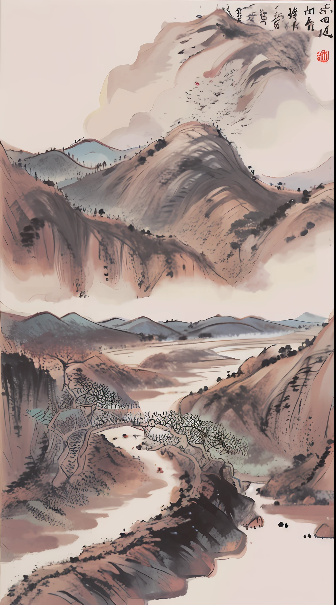 Chinese landscape painting, lines, Ming and Qing dynasties, Tang Bohu style, Qingming upper river drawing
