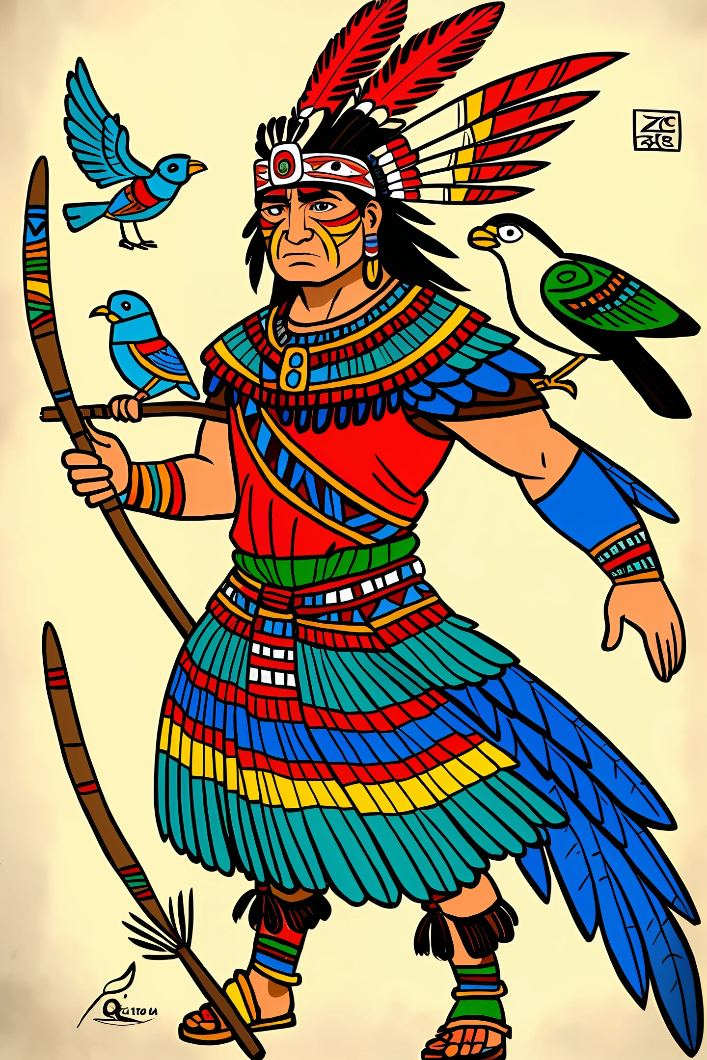 a drawing of a native man with a spear and a bird, a child's drawing inspired by George Catlin, cg society contest winner, sots art, avian warrior, in the art style of quetzecoatl, aztec yaotl warrior, an aztec warrior, colored drawing, native art, colored illustration, native american folk art, a native american warrior