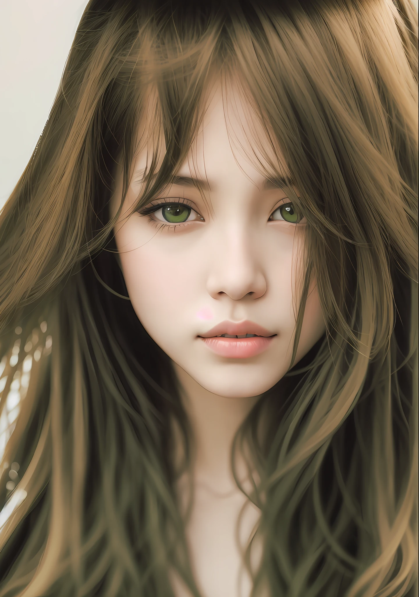beautiful Thai woman ,bangs, yellow long hair, beautiful green eyes, looking up, wet skin, wet face, best quality