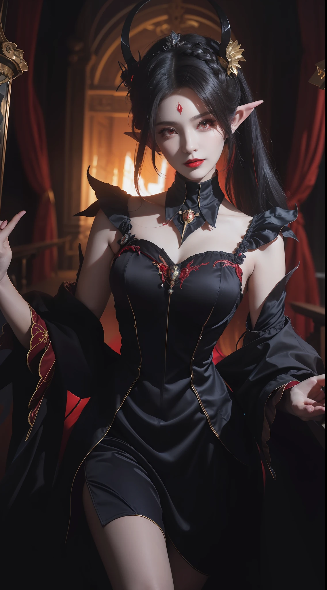 1 beautiful devil woman from hell, In the Dark: 1.6), surreal female portrait by David Hockney and Alphonse Mucha, fantasy art, korea doll, photorealism, dynamic lighting, artstation, poster, volumetric lighting, very detailed faces, 8k ultra, Awarded, in the dark, deep shadow, low key, cowboy lens, (Red phoenix dress: 1.4), long hair, black hair, bust, luxurious palace, Royal style, devil crown, red eyes make up very sharp and detailed, The most beautiful face, big and regular breasts, Super realistic, chinese women's clothing, polo neck sweater, Charming smile, The eyes are very well made up, guweiz, devil style, loong, wearing black mesh socks, upper body, 2 bangs braided hair, Red lips, Devil tattoo on shoulder, wearing a thin red and black robe, the landscape is overcast and thunderous, Portrait,