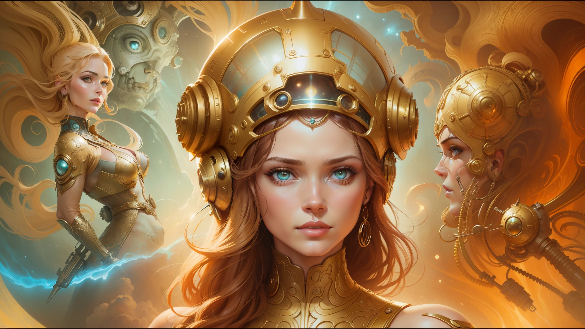 a close up of a woman with a helmet on and a sci - fiore, boris vallejo and tom bagshaw, prophet graphic novel, cosmic artifacts, inspired by Earl Norem, deepdream, awarded on cgsociety, looks a bit similar to amy adams, golden turquoise steampunk, anno 2070 --auto --s2