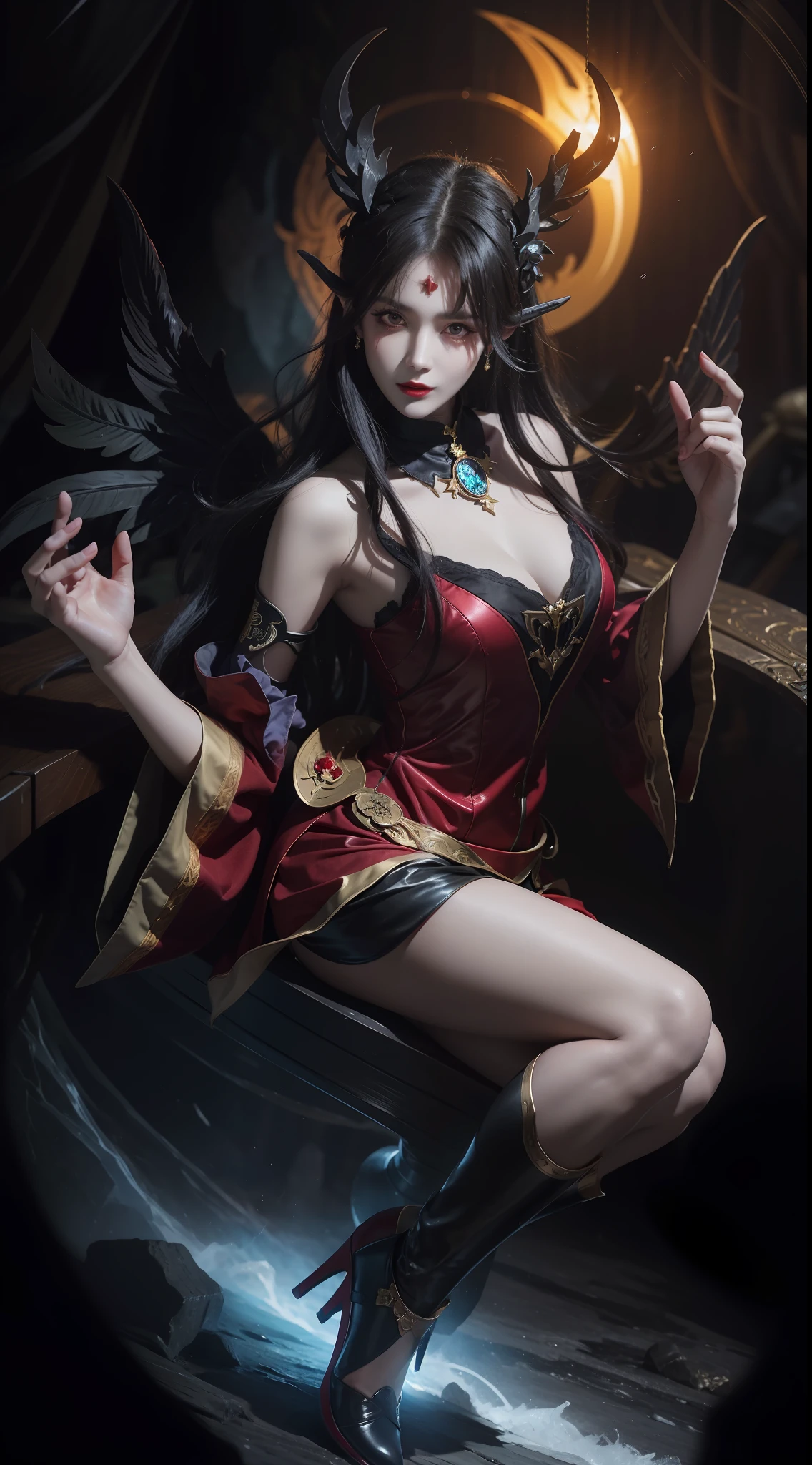 1 beautiful devil woman from hell, In the Dark: 1.6), surreal female portrait by David Hockney and Alphonse Mucha, fantasy art, korea doll, photorealism, dynamic lighting, artstation, poster, volumetric lighting, very detailed faces, 8k ultra, Awarded, in the dark, deep shadow, low key, cowboy lens, (Red phoenix dress: 1.4), long hair, black hair, bust, luxurious palace, Royal style, devil crown, red eyes make up very sharp and detailed, The most beautiful face, big and regular breasts, Super realistic, chinese women's clothing, polo neck sweater, Charming smile, The eyes are very well made up, guweiz, devil style, loong, wearing black mesh socks, upper body, 2 bangs braided hair, Red lips, Devil tattoo on shoulder, wearing a thin red and black robe, the landscape is overcast and thunderous, Portrait,