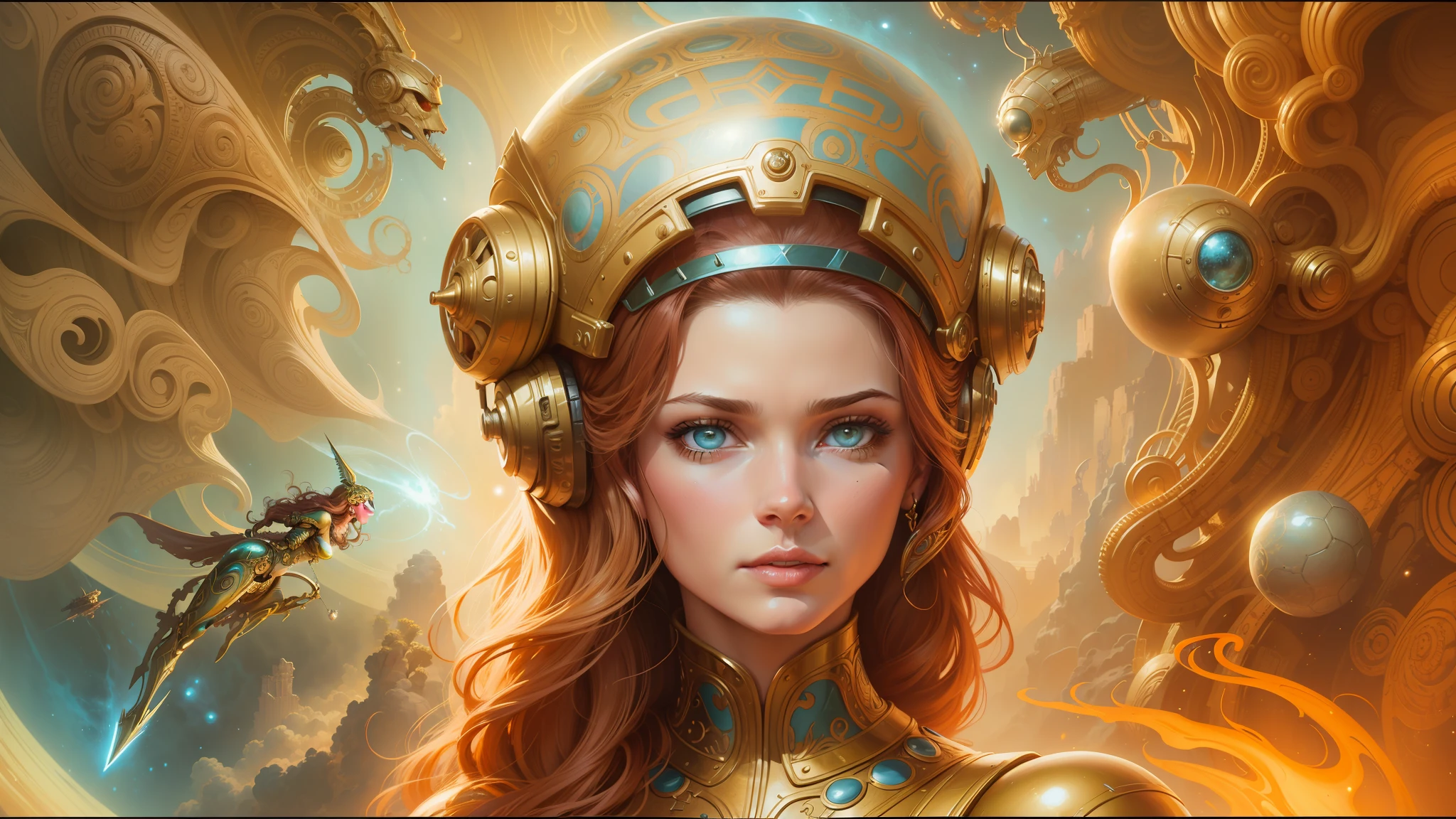 a close up of a woman with a helmet on and a sci - fiore, boris vallejo and tom bagshaw, prophet graphic novel, cosmic artifacts, inspired by Earl Norem, deepdream, awarded on cgsociety, looks a bit similar to amy adams, golden turquoise steampunk, anno 2070 --auto --s2