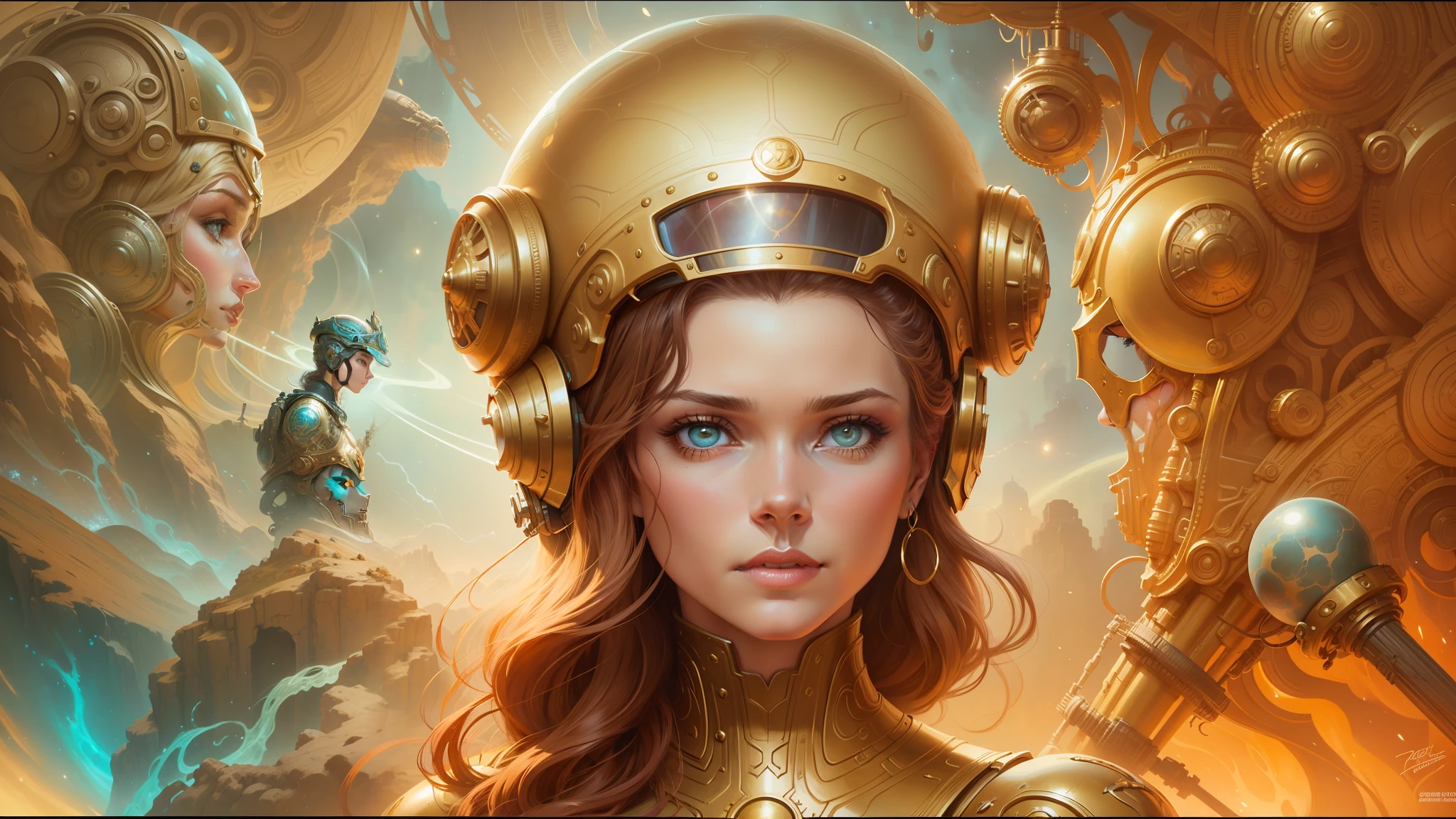 a close up of a woman with a helmet on and a sci - fiore, boris vallejo and tom bagshaw, prophet graphic novel, cosmic artifacts, inspired by Earl Norem, deepdream, awarded on cgsociety, looks a bit similar to amy adams, golden turquoise steampunk, anno 2070 --auto --s2