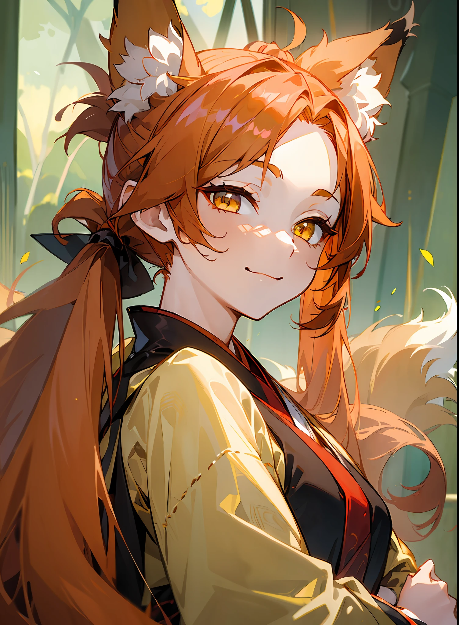 (((Masterpiece))), Best Quality, Ultra Detailed CG Unity 8k Wallpaper (1girl:1.3) (Hermaphroditic male)) ((Crimson low ponytail long hair)), ((Yellow eyes)), ((Fox ears)) ((Fox Tail))(Hanfu) (Soft smile)((((Half)))