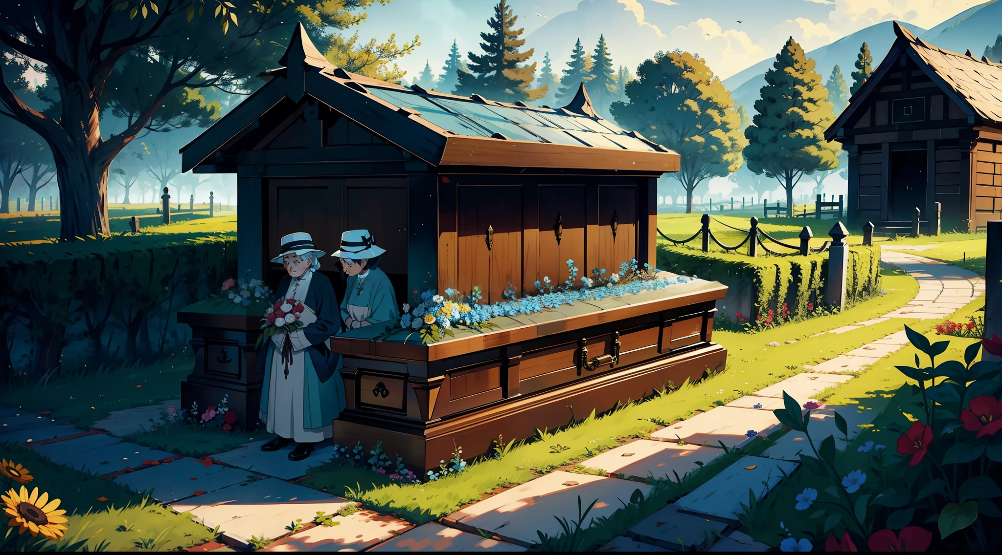 An old lady has two coffins in front of her
