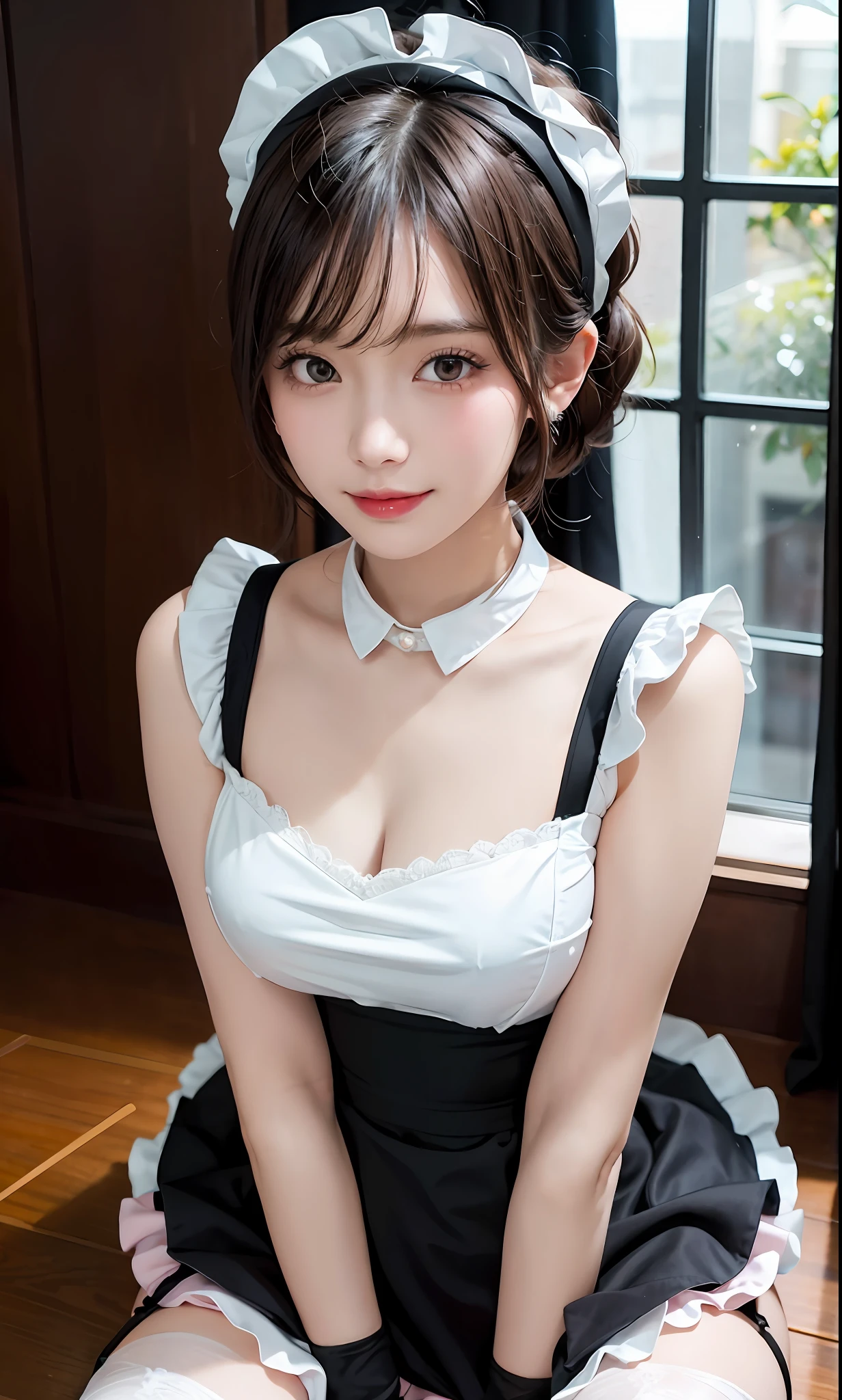 majicMIX Realistic, (Raw photo: 1.2), (Photorealistic: 1.4), beautiful detailed eyes, short hair, smile, huge file size, super detail, high resolution, very detailed, top quality, masterpiece, illustration, highly detailed, CG, unified, 8k wallpaper, detail, masterpiece, top quality, light on face, movie lighting, 16 year old girl, clothes lift, dress, dress lift, Garter straps,black and pink maid clothes, maid headdress, neck ribbon, CEO, (maid clothes:1.2), maid cloth, mini swirl skirt, maid bandana, black stockings, wristband, sexy pose, all fours