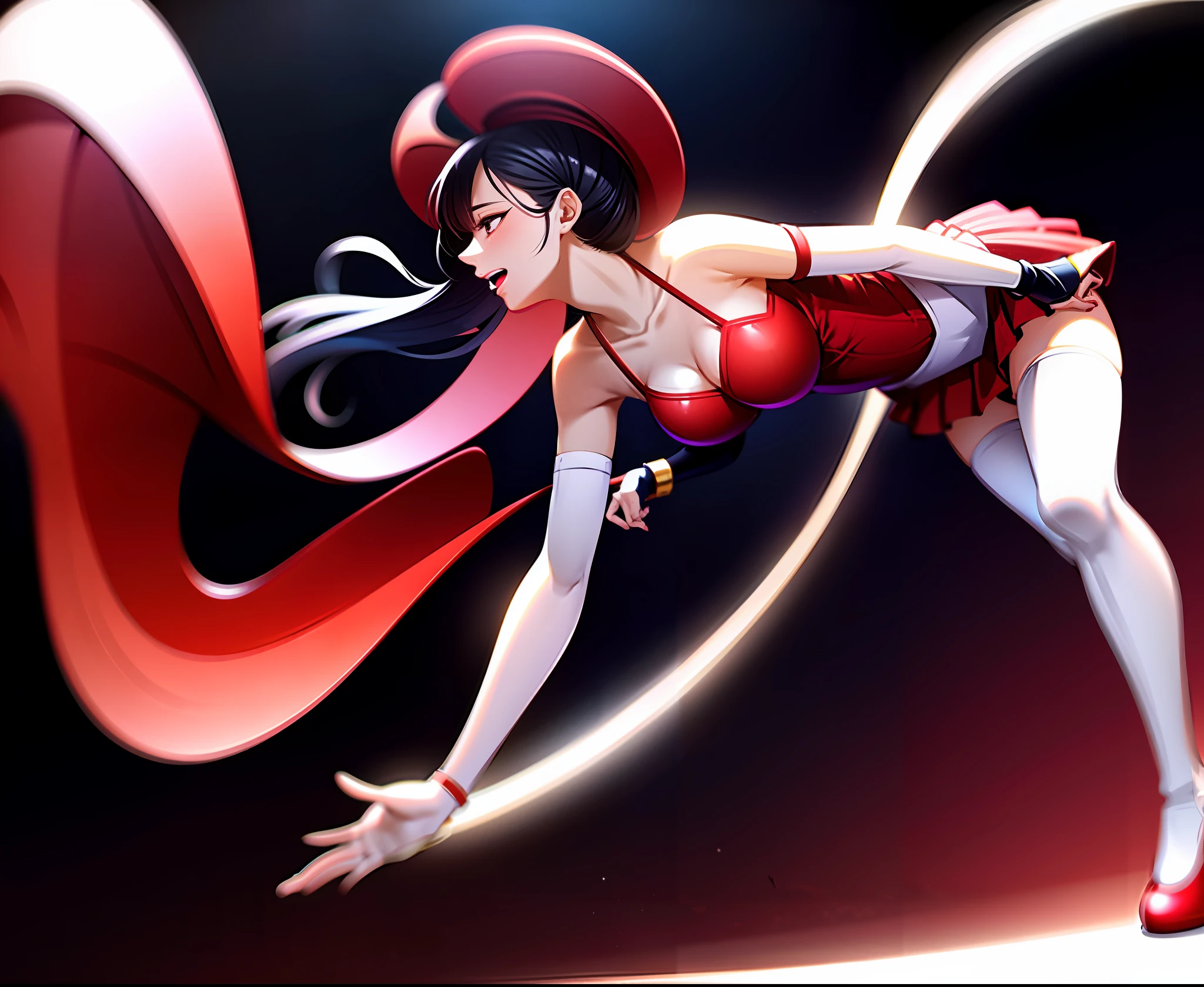araffe dressed in a red hat and skirt is standing on a stage, performing on stage, an ahoge stands up on her head, comiс style, gogo dancer, bending over, wearing skirt and high socks, stockings and a tricorn hat, full length and white stockings, mini-skirt, wearing white tights, on the stage, thighhighs and skirt
