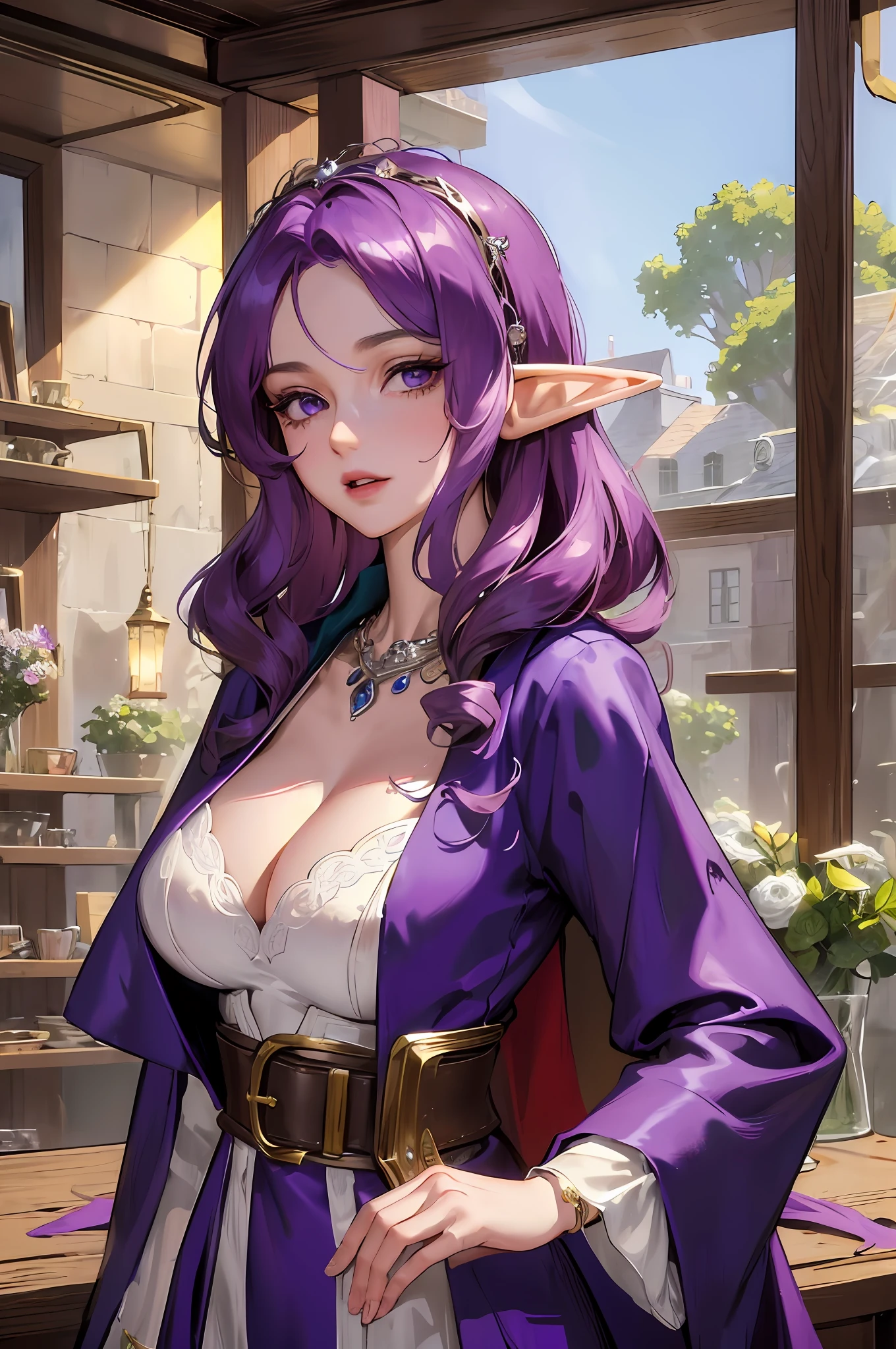 elf merchant, trade, masterpiece, best quality, super detailed, illustration, super detailed face, best face, shop, 30 years old, adult, 1girl, 30 years old, wife, mature woman, white lingerie, seductive cleavage, necklace, elf rich, widow, shrewd businessman, purple curly hair, purple suit, silk belt, intricate details
