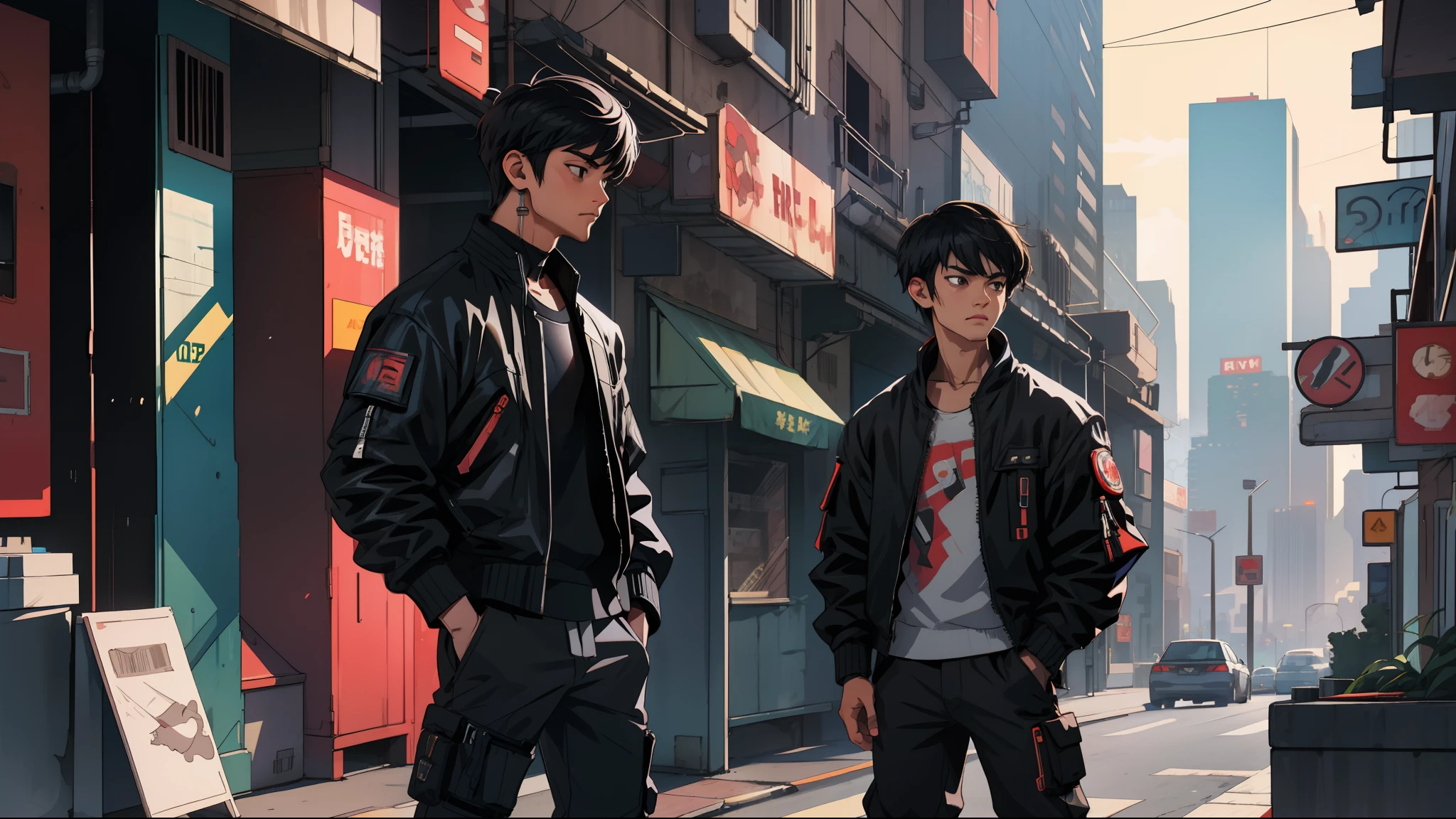 Ultra Detailed, High Definition, Cyberpunk, City, 1Boy, Black Hair, Beautiful, Ordinary, Black Eyes, Cyborg, Jacket, Pants, Hands in Pockets, Apartment Background