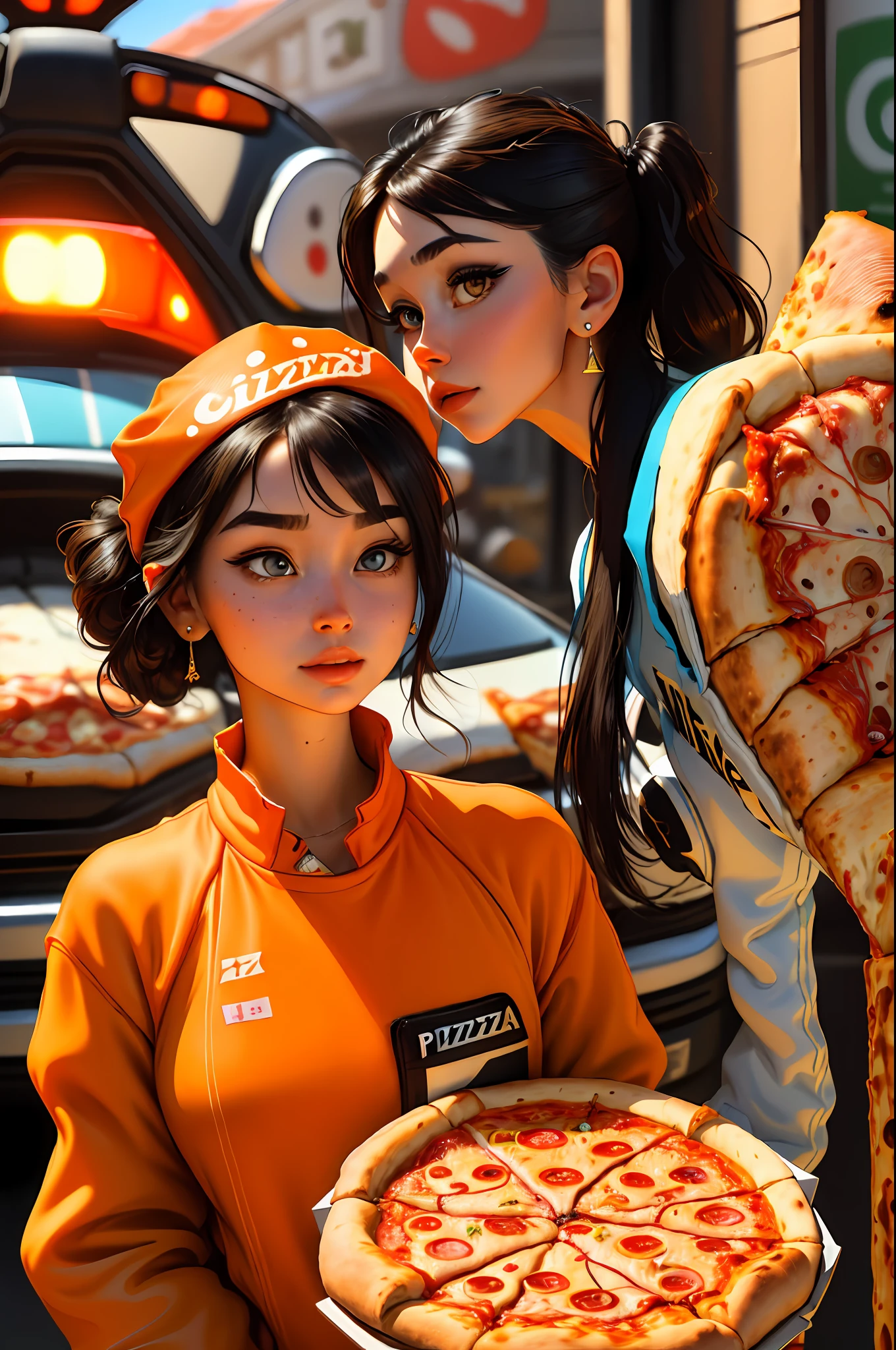 (masterpiece), (best quality), HDR, intricate detail, 1girl, individual focus, woman, light brunette white skin, skindentation, perfect face, gorgeous face, big eyes, orange eyes, perfect eyes, eyelashes, black hair absurdly long high ponytail, (((pizza delivery))), pizza box, employee badge, orange shirt with light blue, (((pizza delivery outfit)), hair ornament,  Earrings