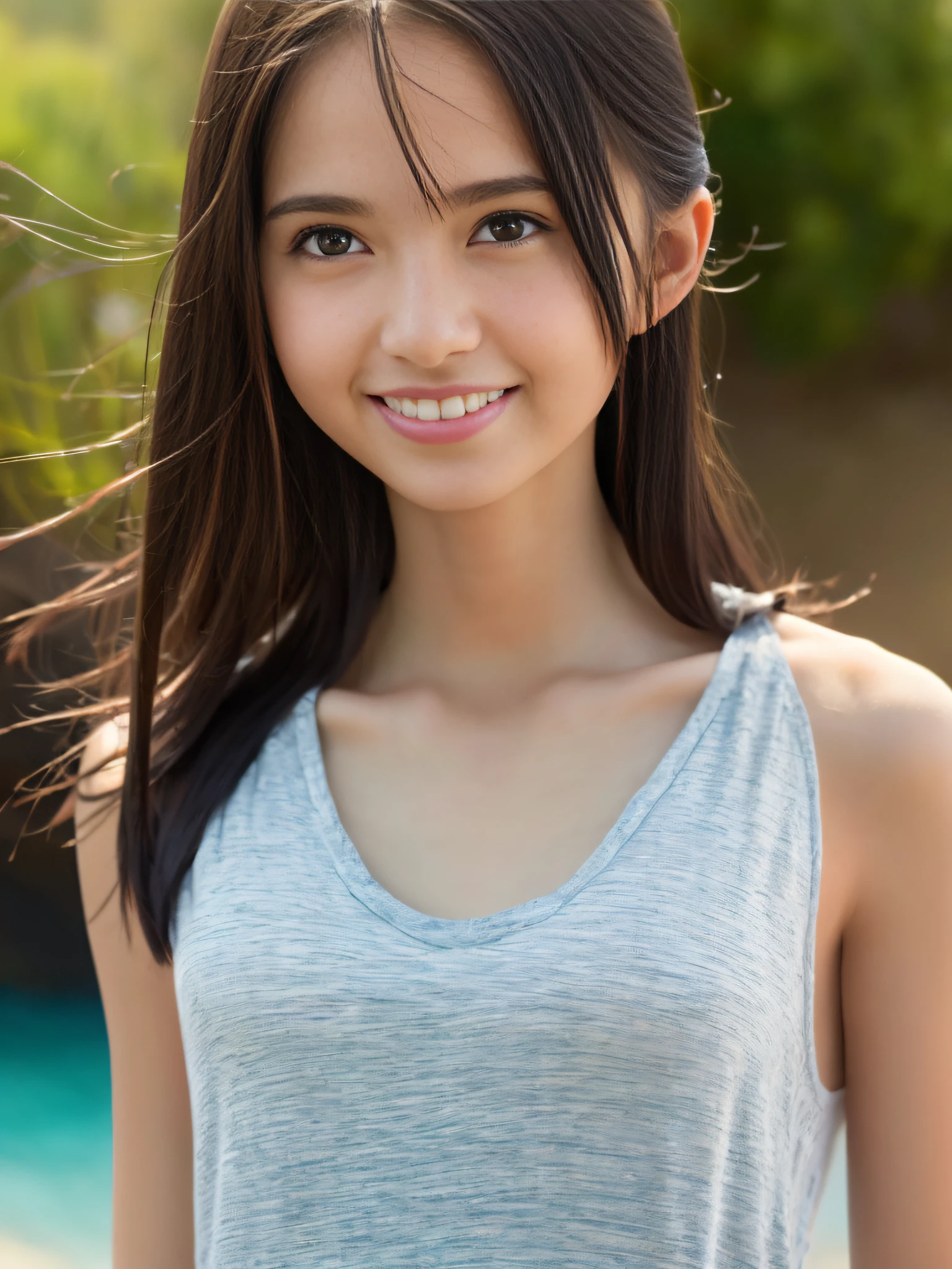 4K, Hi-Res, Masterpiece, Top Quality, Head: 1.3, Fine Skin, Sharp Focus, (Cinematic Lighting), Tank Top, Slender, 14yo,Total Body,smile