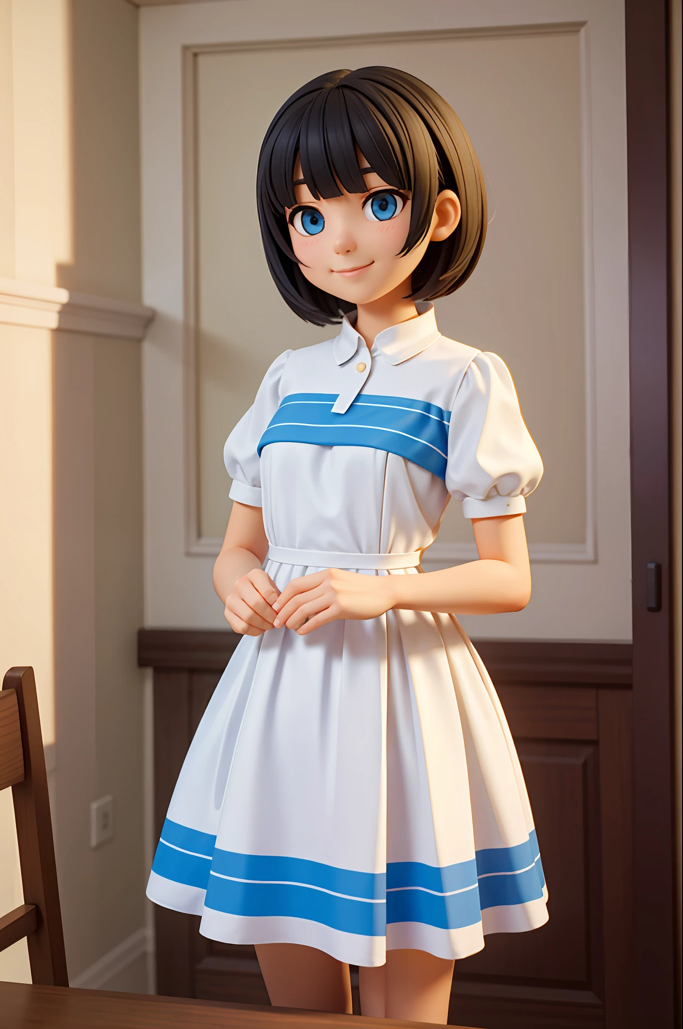 dark-haired, short-haired, gentle smile, white dress with thin blue stripes, masterpiece, top quality, 1 woman, morning, cowboy shot,