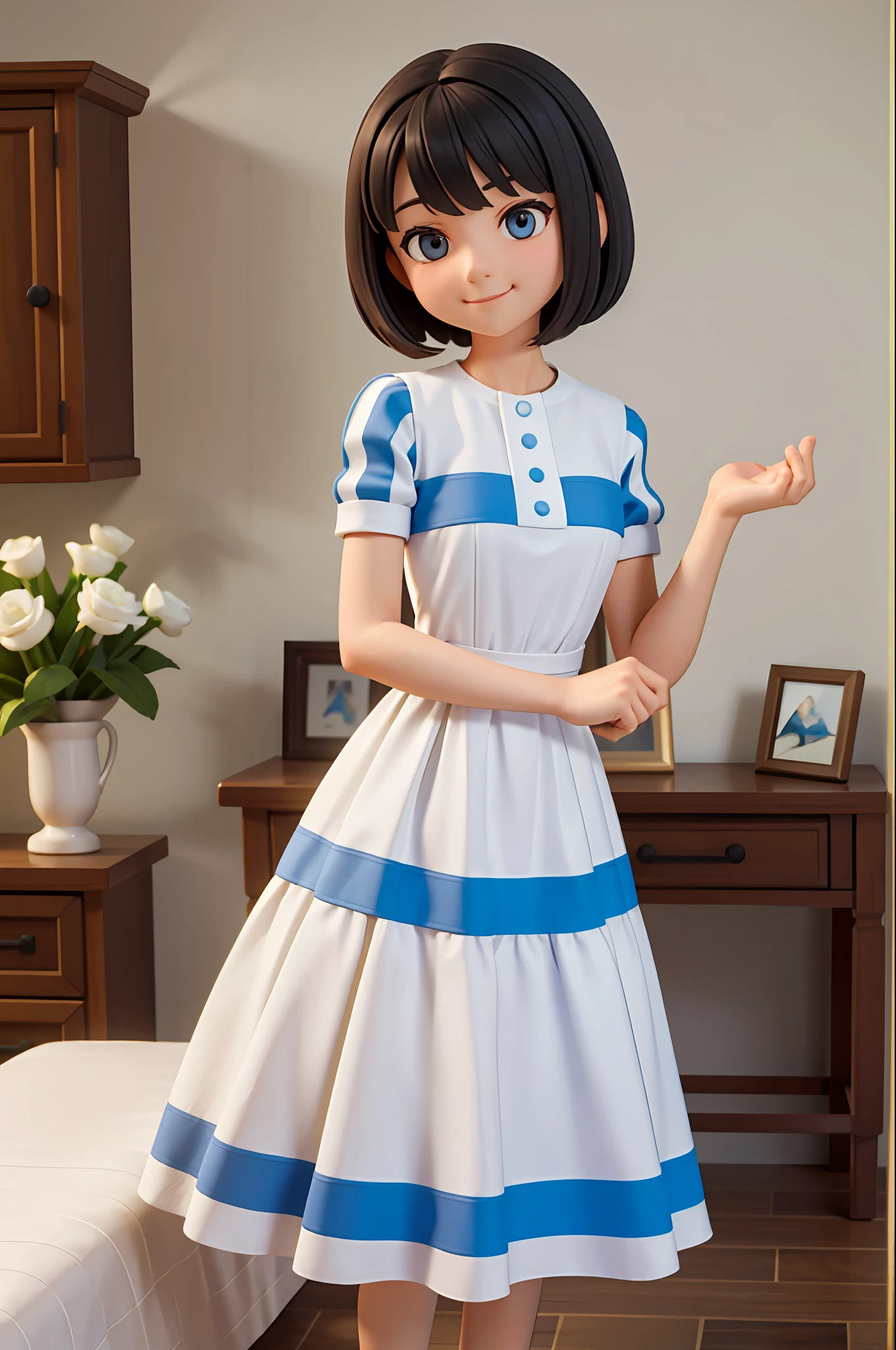 dark-haired, short-haired, gentle smile, white dress with thin blue stripes, masterpiece, top quality, 1 woman, morning, cowboy shot,