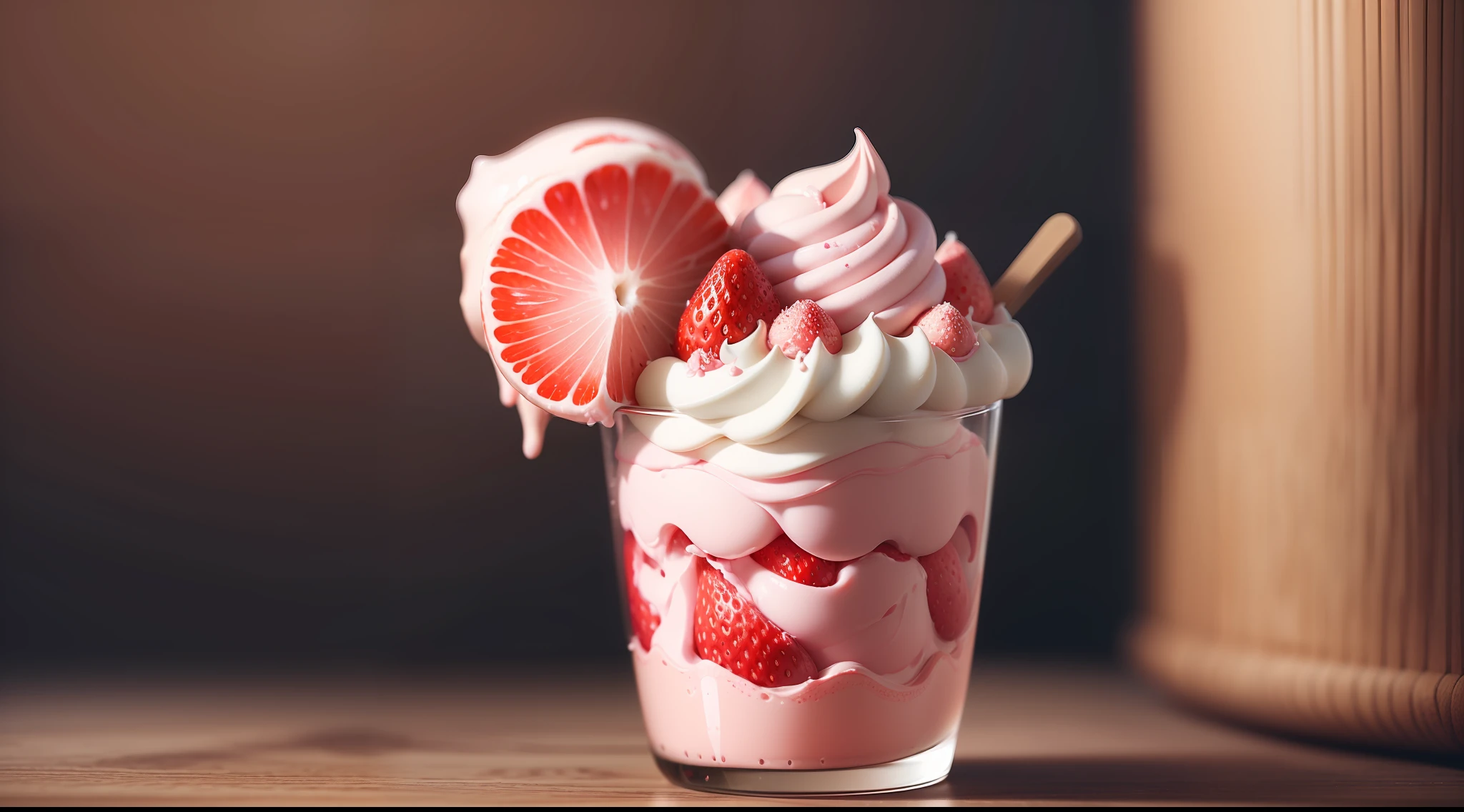 A strawberry ice cream (Masterpiece: 1.2) (Realistic: 1.2) (Best quality) (Detailed skin: 1.3) (Intricate details) (8K) (High Dynamic Specific Gravity) (Cinematic lighting) (Clear focus)