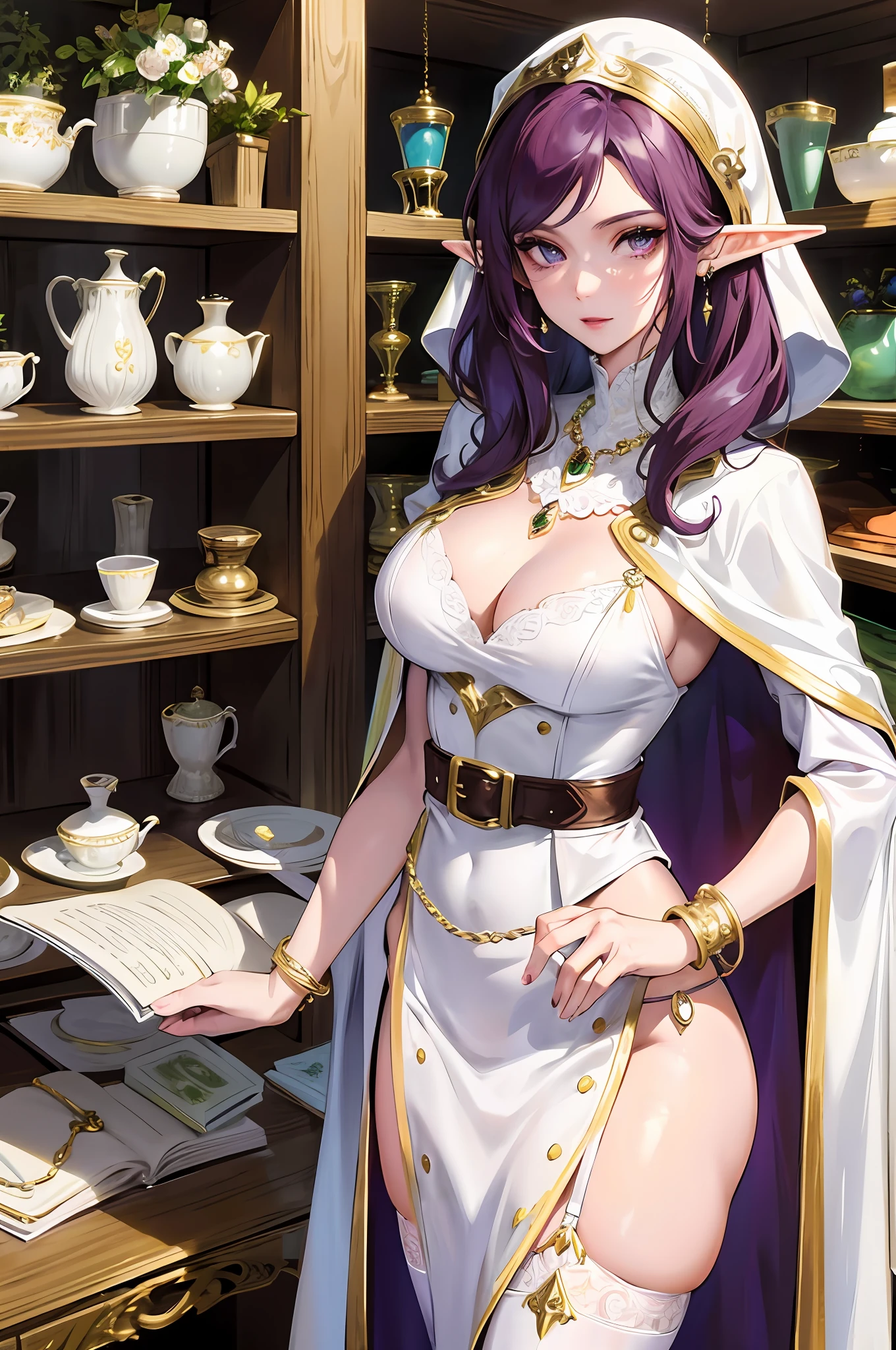 elf merchant, trade, masterpiece, best quality, super detailed, illustration, super detailed face, best face, shop, 30 years old, adult, 1girl, 30 years old, wife, hostess, widow,, elf rich, purple curly hair, white suit, cape, fine necklace, earrings, white silk lingerie, silk belt, jade bracelet, feather decoration, intricate details