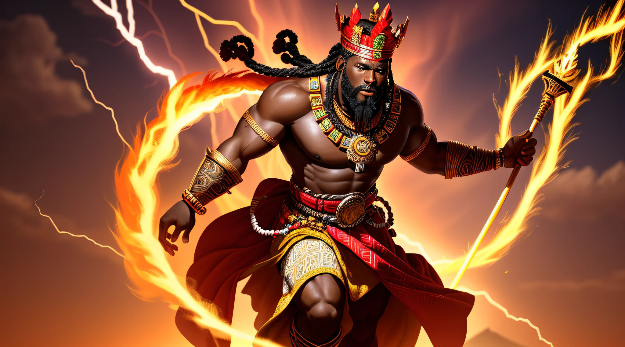 Create an image of the African Yoruba Orisha deity Xango, a black man of approximately 40 years old, very strong and robust with a bushy beard and long braided hair, (((full body image))). wears a tunic worthy of an African king in red and white fabric with embroidery, he wears necklaces and bracelets of African royalty in addition to a crown. He always has a double ax in his hand. It breathes fire, lightning and thunder through its mouth.