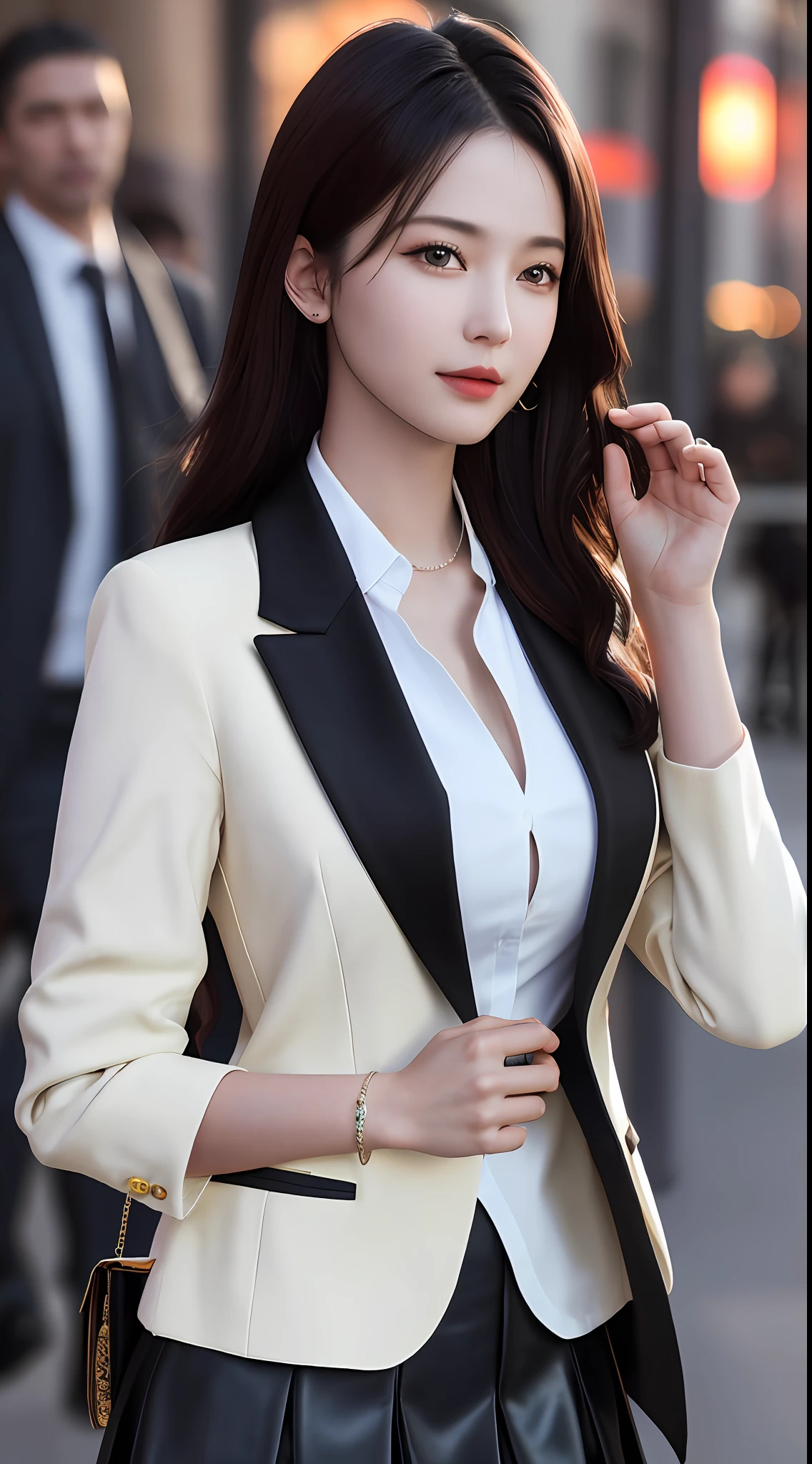 best quality, masterpiece, 1girl, Beautiful face, (photo realistic:1.3), rim lighting, (high detailed skin:1.2), 8k uhd, dslr, high quality, high resolution, 4k, 8k, Bokeh, absurdres, best ratio four finger and one thumb, (realistic:1.3), cute 1girl, wearing black formal blazer, medium breasts, short skirt,