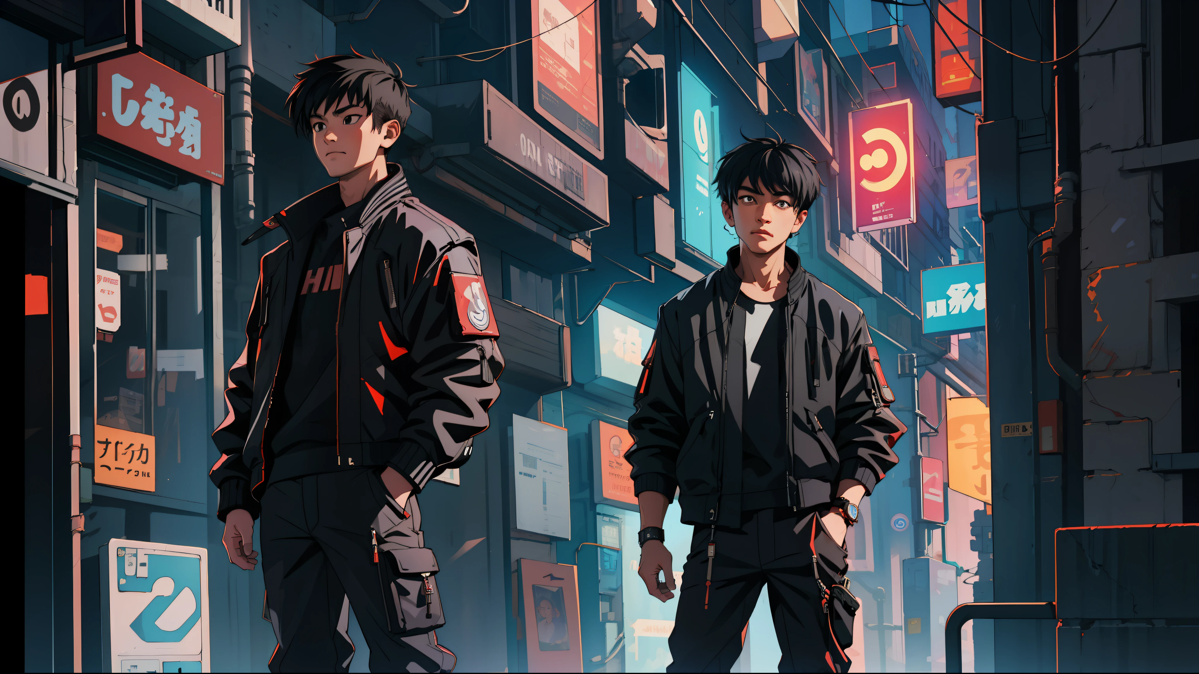 Ultra Detailed, High Definition, Cyberpunk, City, 1Boy, Black Hair, Beautiful, Ordinary, Black Eyes, Cyborg, Jacket, Pants, Hands in Pockets, Apartment Background