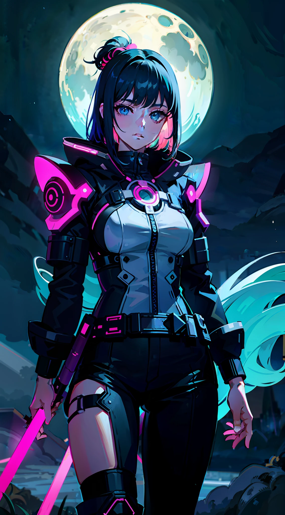 1girl, solo, girl, futuristic outfit, neon samurai, very beautiful cyberpunk samurai, cyberpunk samurai, ghost blade style, cyberpunk victo ngai style, cyberpunk neon style, cyberpunc, cyberpunk neon, technomancer, video game character, synthwave image, cyberpunk, concept art neon glow, moon, lantern, night, solo, outdoor, sky, full moon, rain, mountain, cloud, paper lantern, night sky, fringe, tree, reflection, cloudy sky, {{(masterpiece),(extremely detailed CG unity 8k wallpaper),best quality,solo,cinematic lighting,detailed background,beautiful detailed eyes,bright pupils,(an extremely delicate and beautiful),(beautiful and detailed eye description),ultra-detailed,masterpiece,}}, detailed eyes, beautiful eyes, realistic eyes, beautiful eyes, perfect eyes