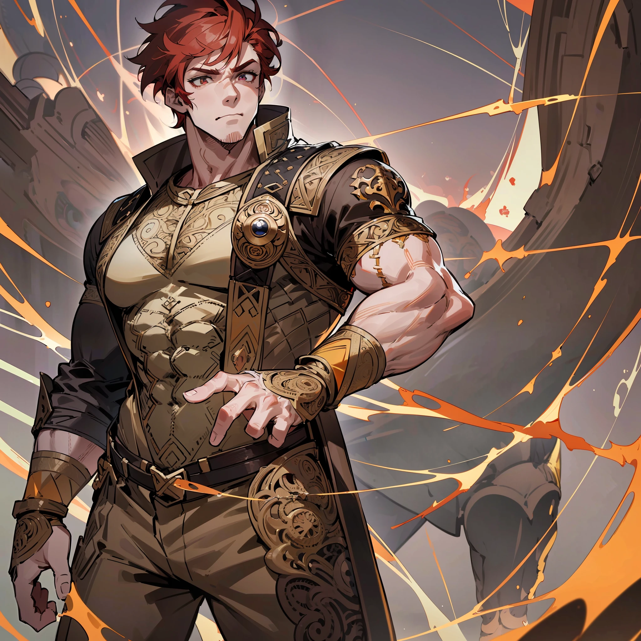 Man, solo, red hair, red right eye, yellow left eye (dynamic pose:1.5), (intricate details:1.2), 8k wallpaper, (highest image quality:1.5), (8k:1.4), (Masterpiece), (ultra-detailed), (Detailed eyes:1.4), (sharp details:1.3), short hair, brown clothing, large body, muscular, manly man