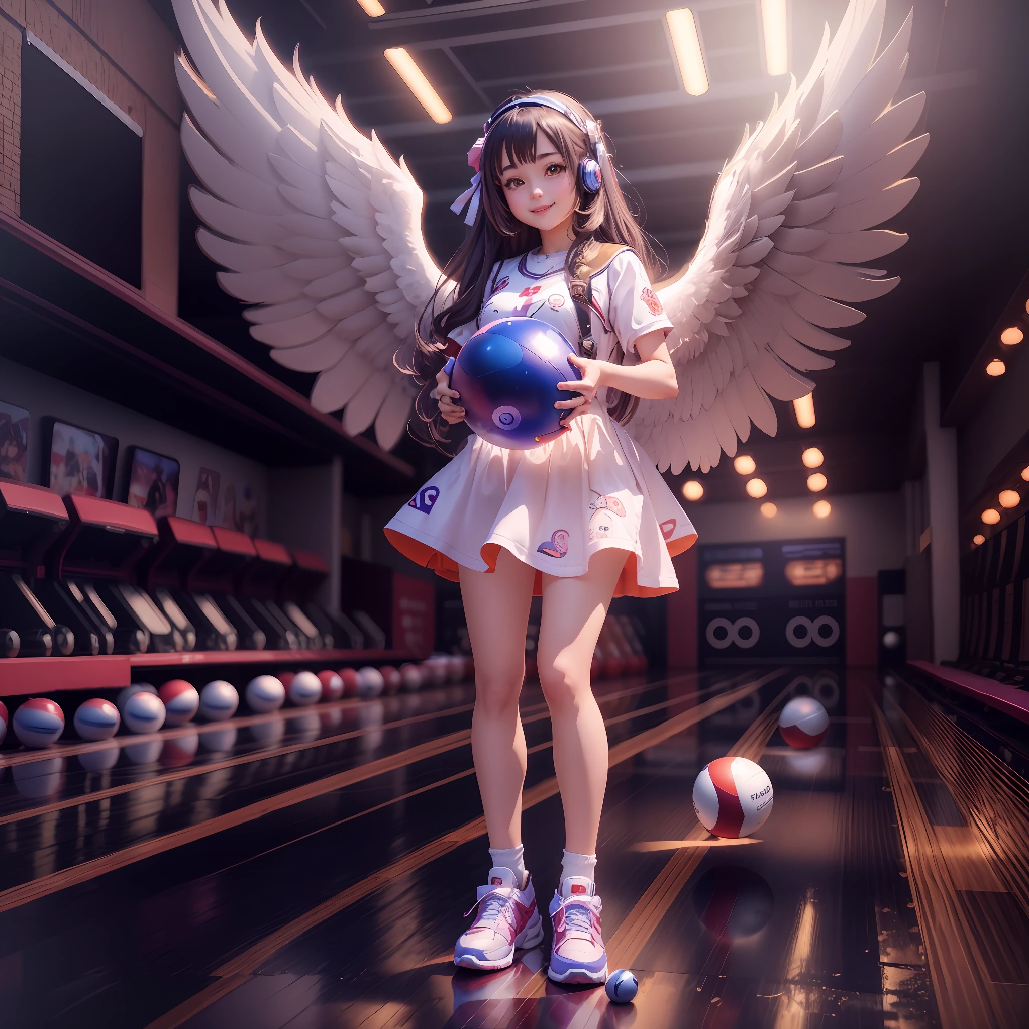 Ala Fed girl in dress with bowling ball and wings, smiling, anime style 3D, realistic anime 3d style, anime 3d art, 3d rendering character art 8k, young one angel, angel girl, beautiful digital artwork, lost tran 8k, anime style. 8K, beautiful cyborg angel girl, bowling, 3d rendering beeple