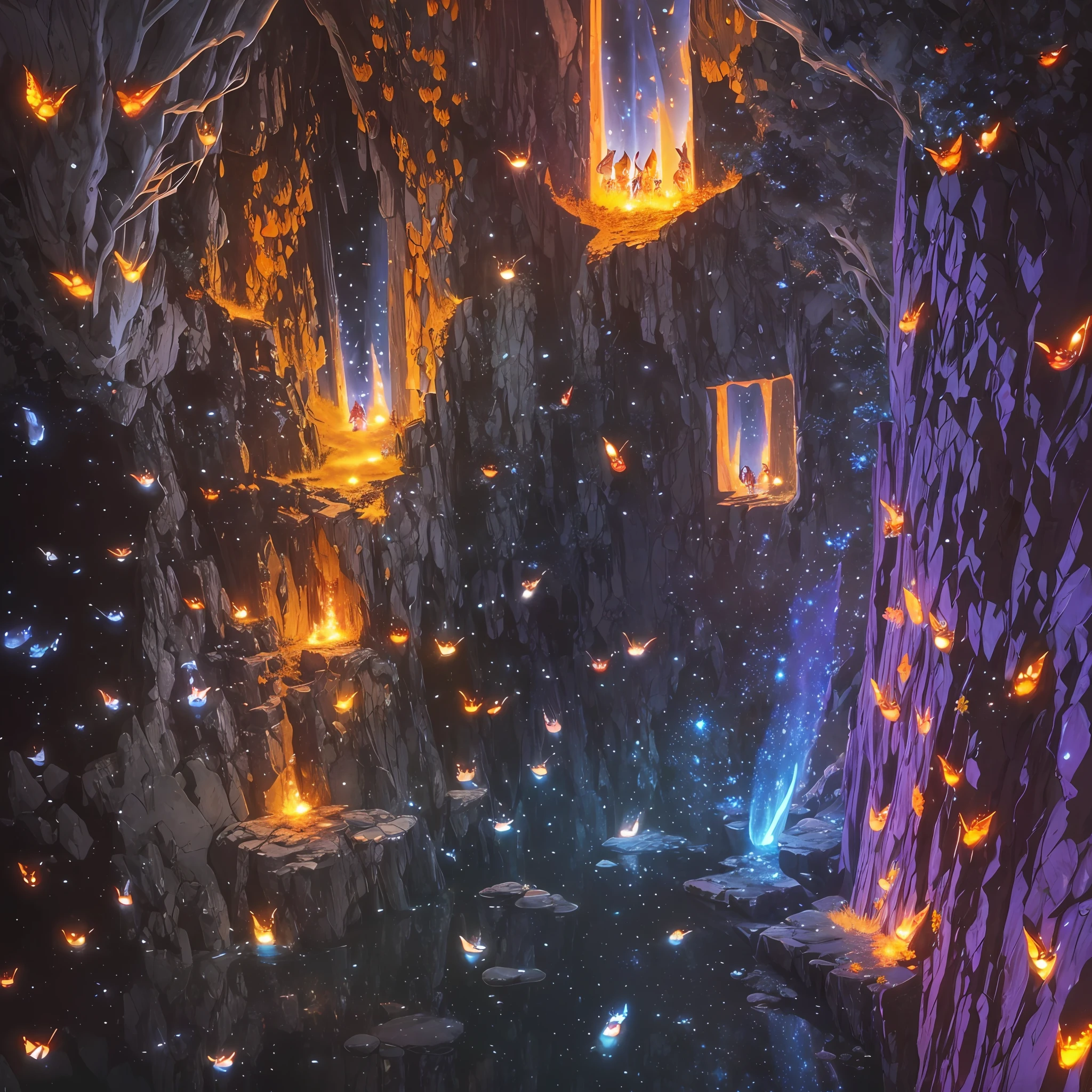 Extensive landscape ultrasound photography (general view), (detailed description of the cave), stalactites (in detail), stalagmites (in detail), as well as helicates (in detail),
glass flowers, lake (detailed), reflection of the full moon and shooting stars on the surface of the lake, elves (1:3), moths (1:3), fireflies (1:3), (ultradetailed description of appearance), burning crystals (crystals: 1,2), reflection on the surface of mercury, burning stones, (falling stones: 0,9), (fire: 1,3), crystals, fire stones, lava, mercury, cave BREAK production art, (cold light source:1.2), (Firefly:1.2), fire particles, dark, red, yellow and orange, intricate details, volumetric lighting, realistic fantasy BREAK (masterpiece:1.2), (best quality), 4k, ultra-detailed, (dynamic composition: 1.4), highly detailed, colorful details, (gloomy colors: 1.2), (luminous lighting, atmospheric lighting), gloomy, dark, magical, (solo: 1.2) --auto --s2