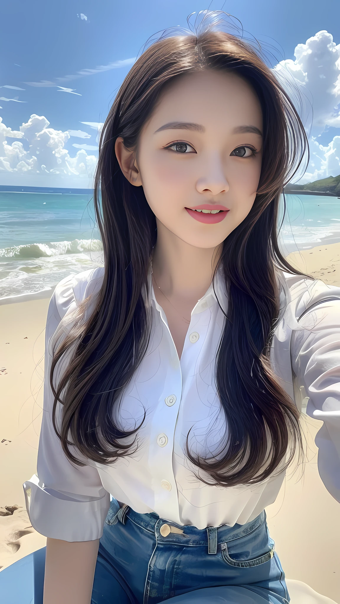 ((Best Quality, 8K, Masterpiece:1.3)), A beautiful girl, pure, melon face, gentle and cute, thin figure, partial head, leaning forward, collared shirt, sleeves past wrists, dress shirt, cardigan, capri pants, slightly curly long hair, black silky long hair, round black big eyes, clear big eyes, moist red lips, sweet smile, sitting, blue sky and white clouds, sunshine, beach background,